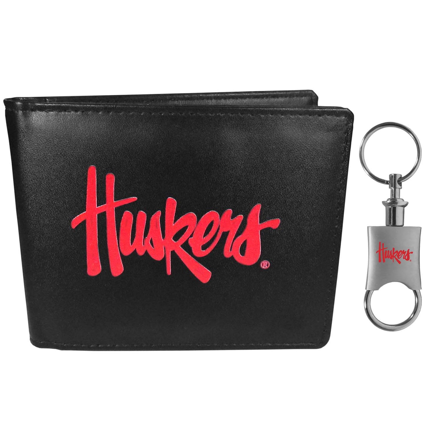 Nebraska Cornhuskers University Team Logo Mens Bi Fold Wallet and Unisex Valet Keychain Bundle - Black