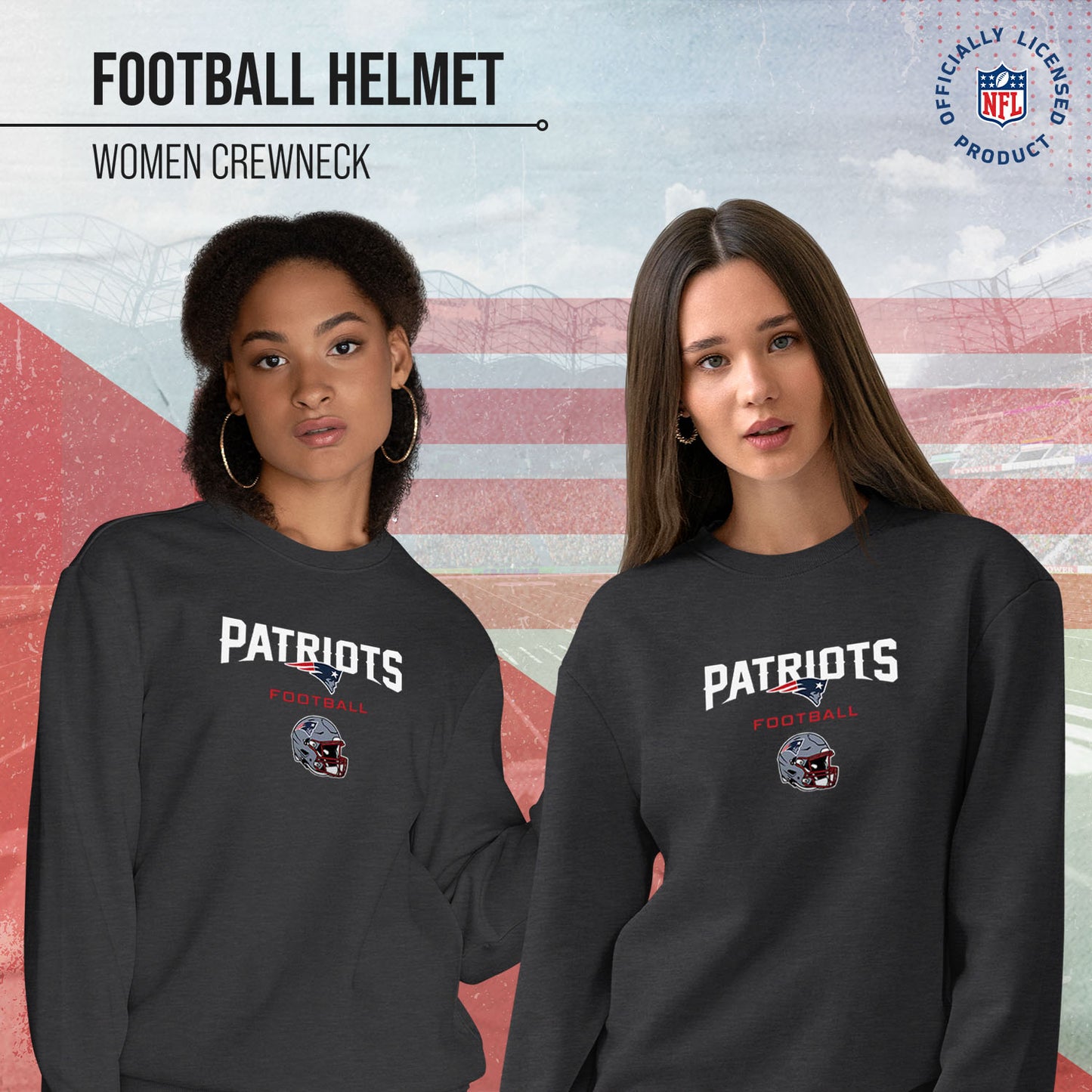 New England Patriots Women's NFL Football Helmet Charcoal Slouchy Crewneck -Tagless Lightweight Pullover - Charcoal