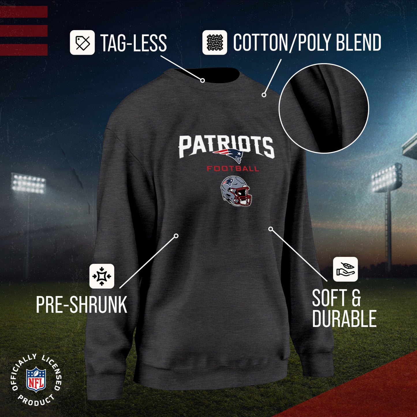 New England Patriots Women's NFL Football Helmet Charcoal Slouchy Crewneck -Tagless Lightweight Pullover - Charcoal