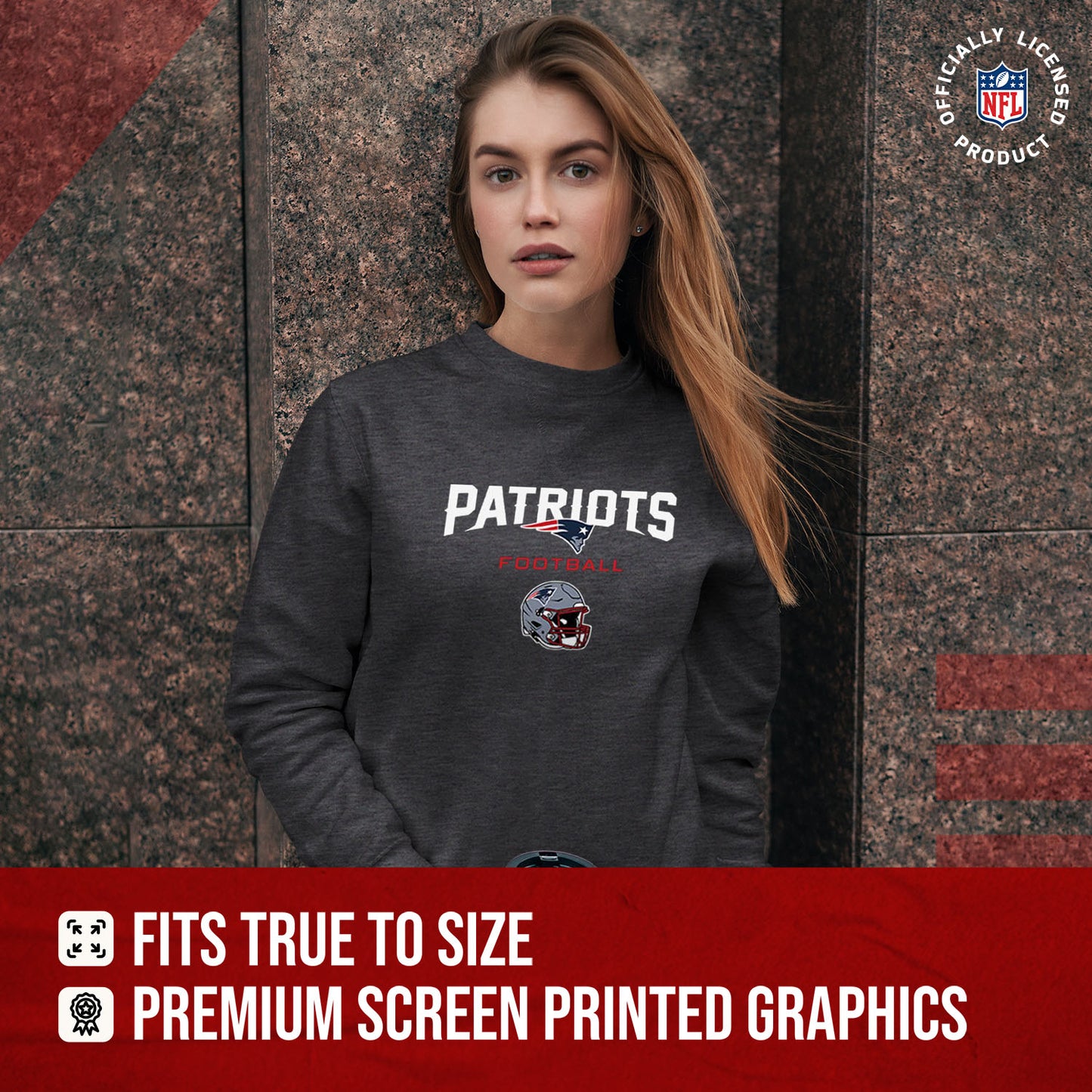 New England Patriots Women's NFL Football Helmet Charcoal Slouchy Crewneck -Tagless Lightweight Pullover - Charcoal