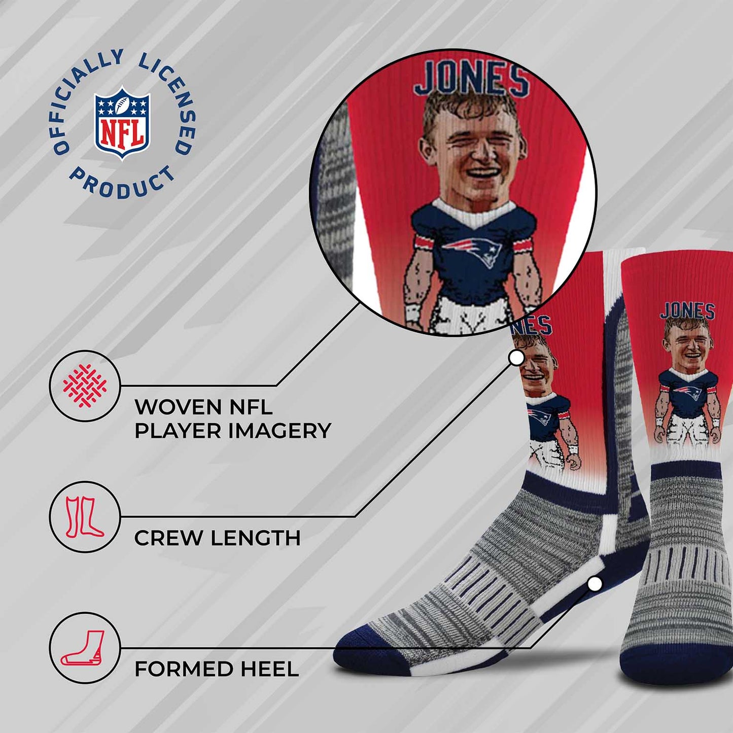 New England Patriots For Bare Feet Youth Mac Jones MVP Player V-Curve Crew Socks - Red