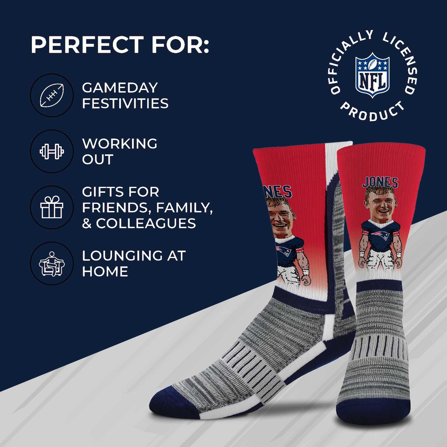 New England Patriots For Bare Feet Youth Mac Jones MVP Player V-Curve Crew Socks - Red
