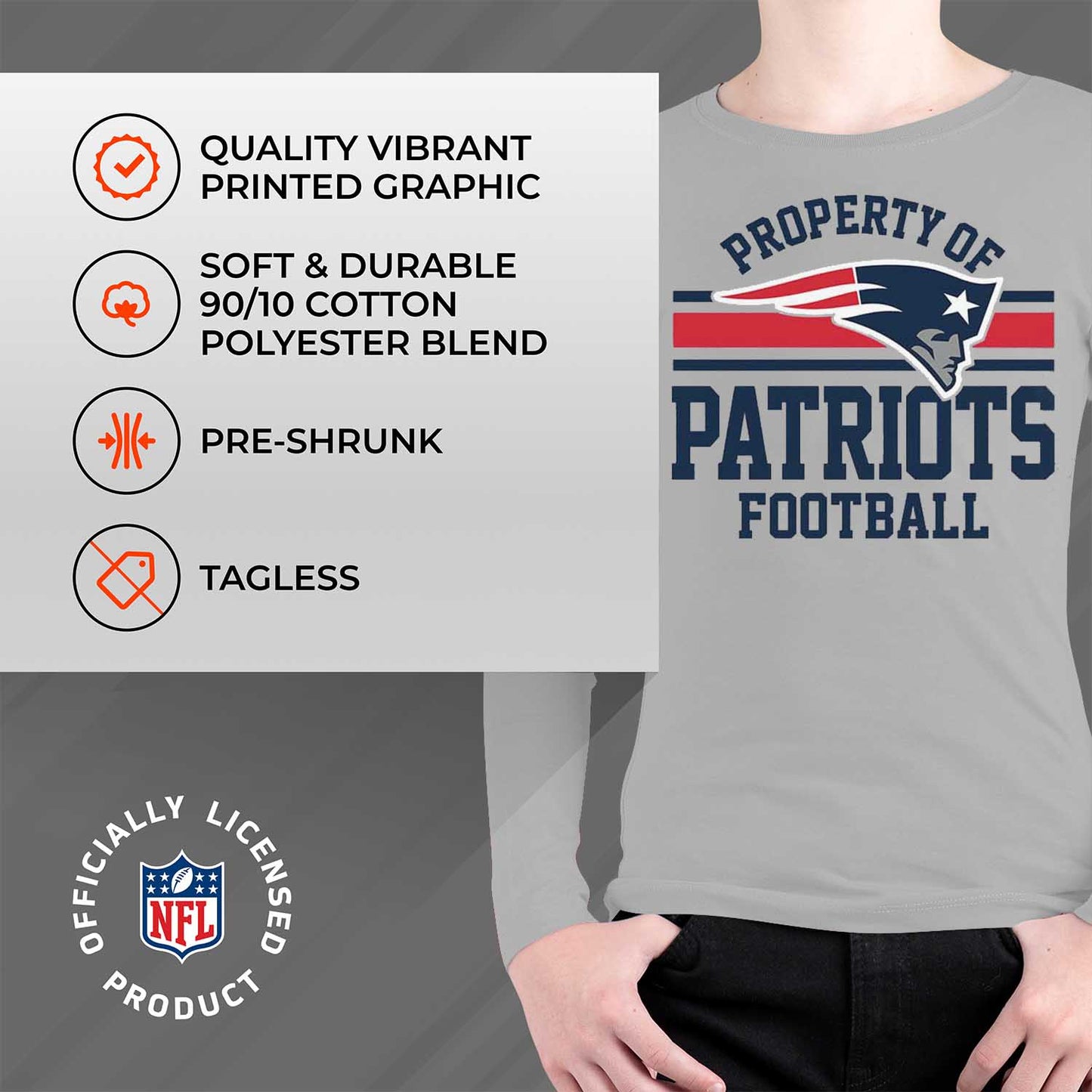 New England Patriots NFL Youth Property Of Long Sleeve Lightweight T Shirt - Sport Gray