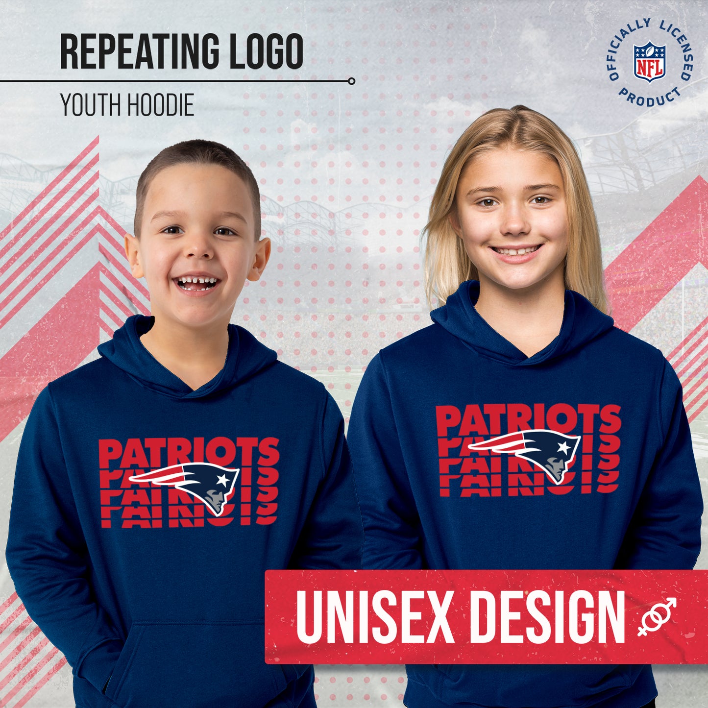 New England Patriots NFL Youth Repeating Logo Football Fleece Hooded Sweatshirt - Navy