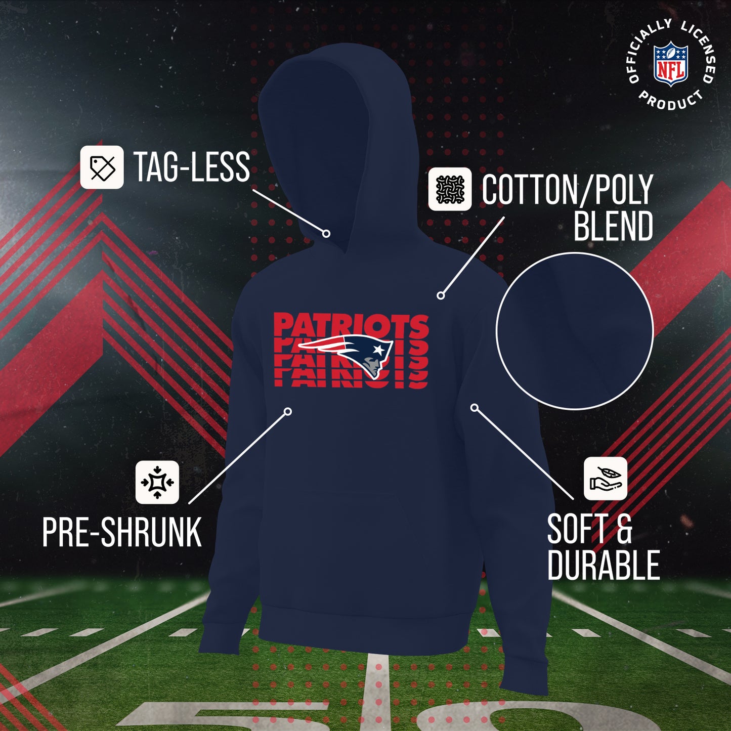New England Patriots NFL Youth Repeating Logo Football Fleece Hooded Sweatshirt - Navy