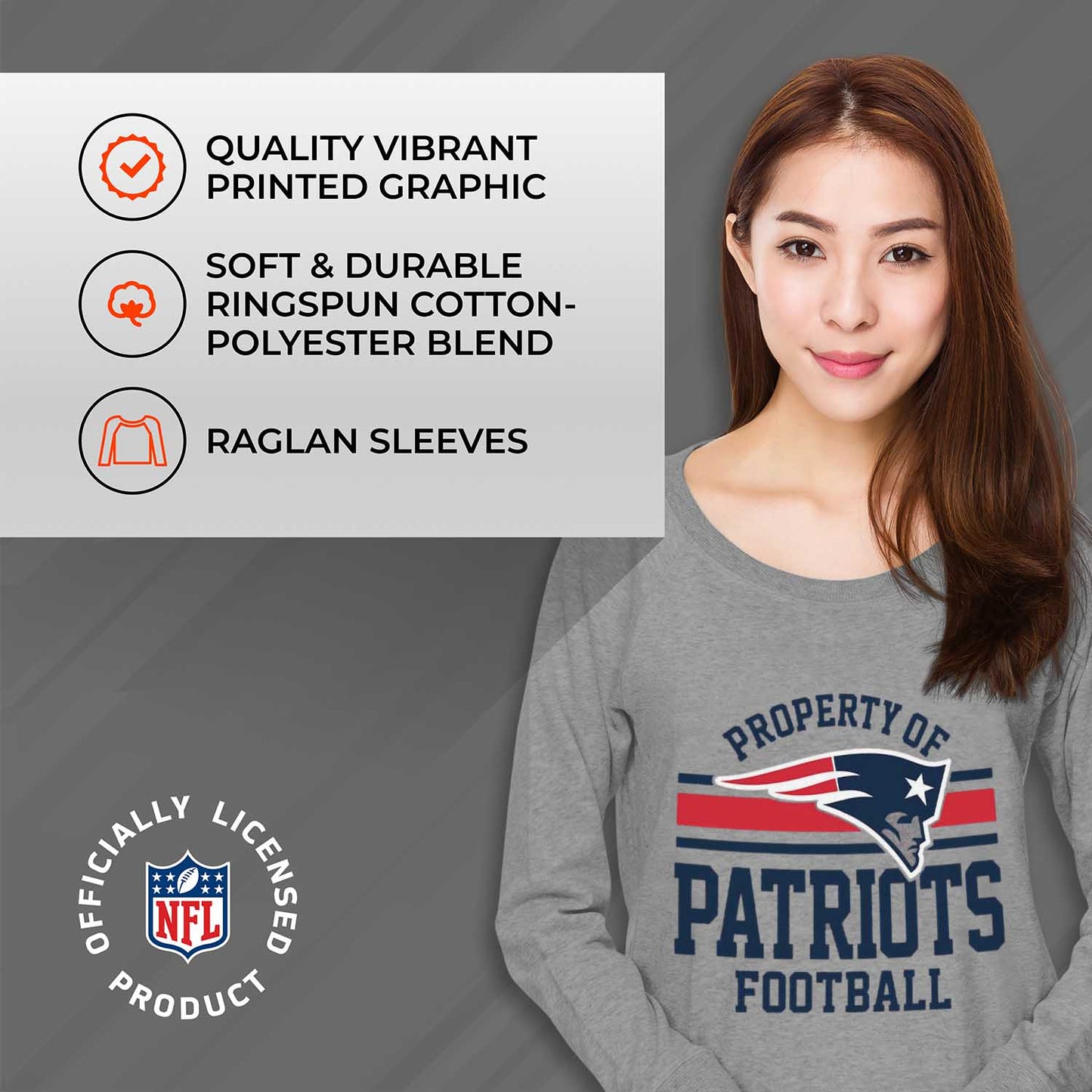 New England Patriots NFL Womens Plus Size Property of Lightweight Crew Neck - Sport Gray