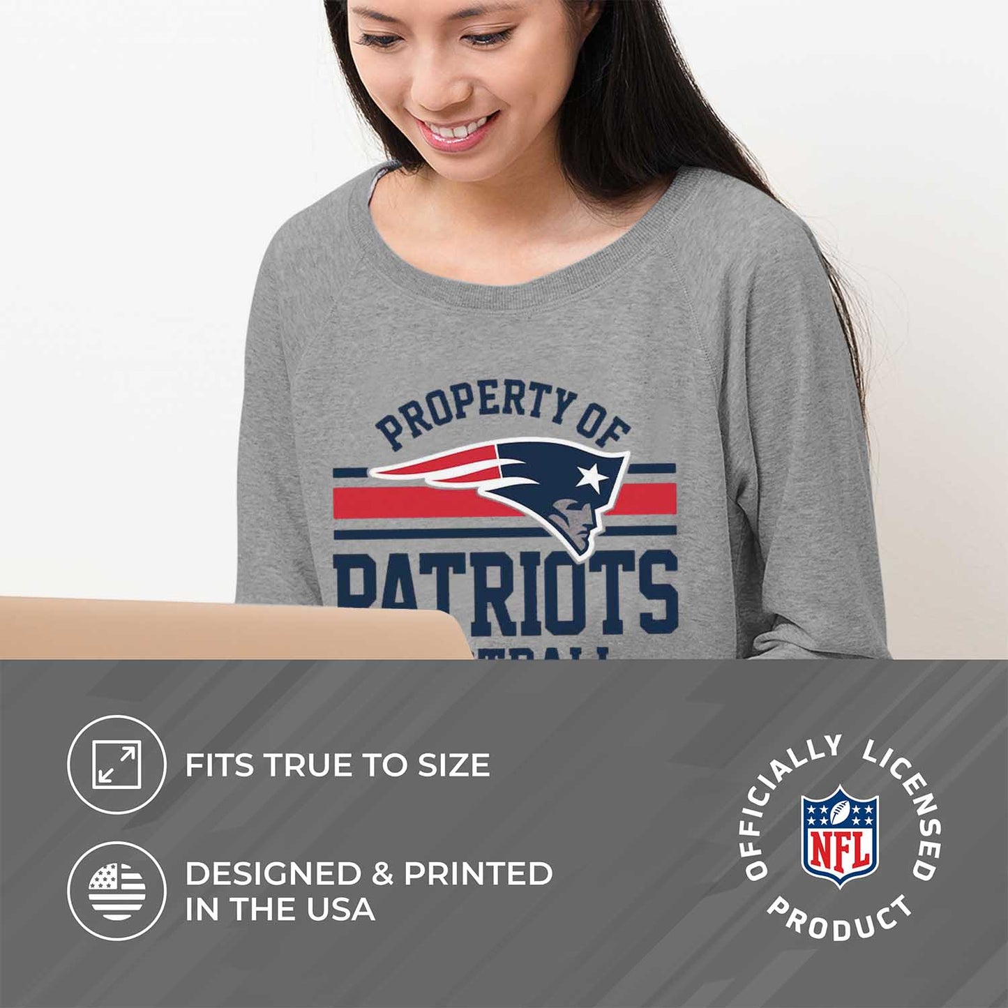 New England Patriots NFL Womens Plus Size Property of Lightweight Crew Neck - Sport Gray
