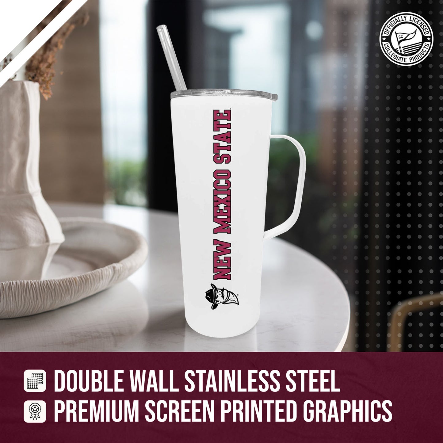 New Mexico State Aggies NCAA Stainless Steel 20oz Roadie With Handle & Dual Option Lid With Straw - White