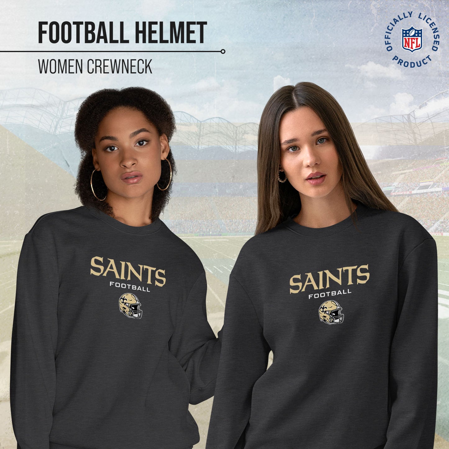 New Orleans Saints Women's NFL Football Helmet Charcoal Slouchy Crewneck -Tagless Lightweight Pullover - Charcoal