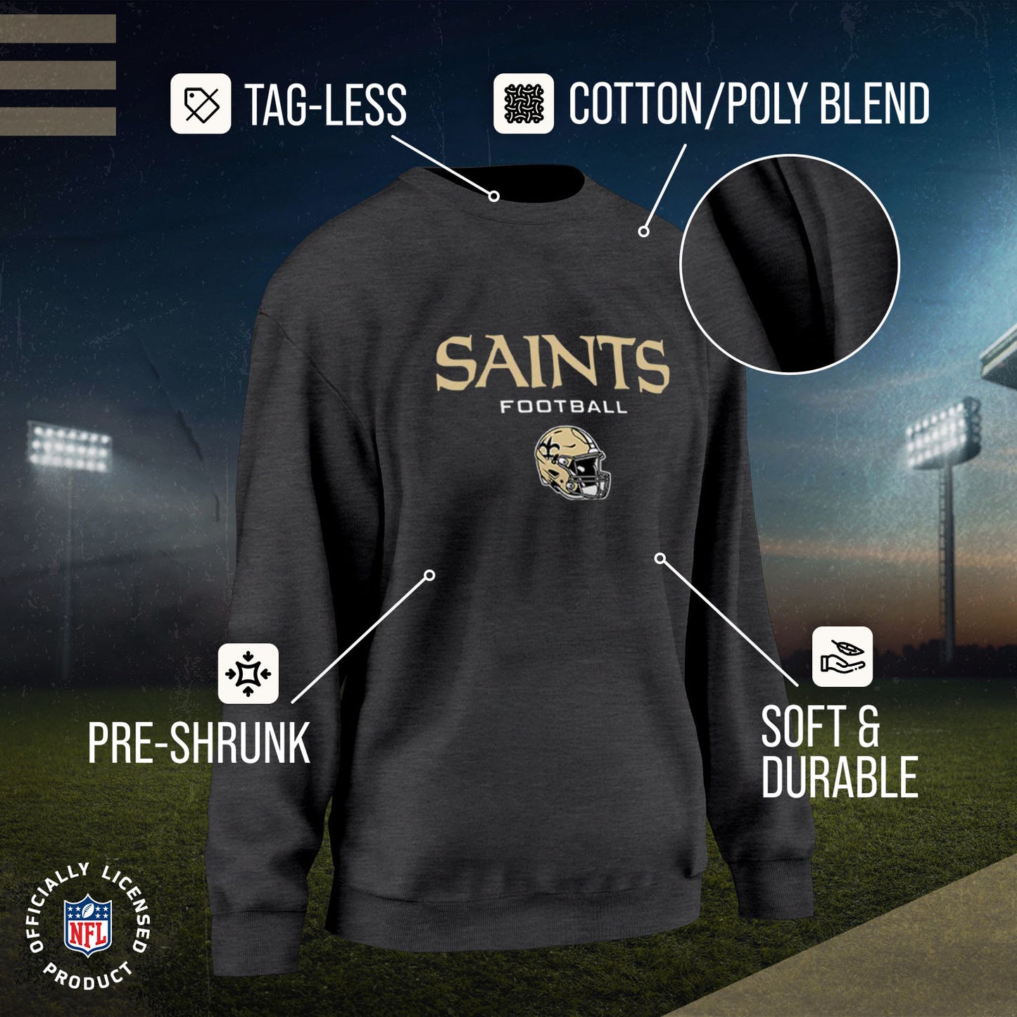 New Orleans Saints Women's NFL Football Helmet Charcoal Slouchy Crewneck -Tagless Lightweight Pullover - Charcoal