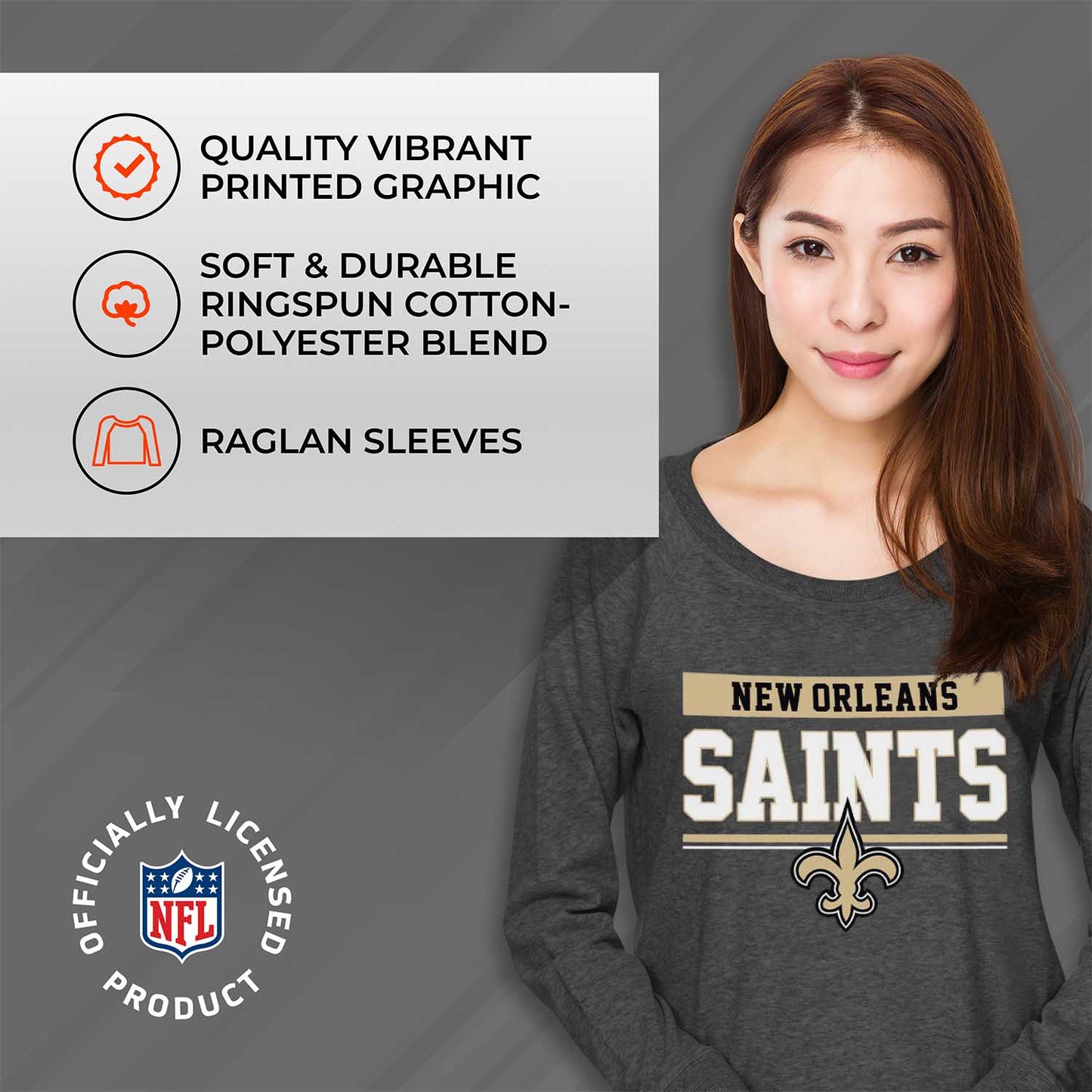 New Orleans Saints NFL Womens Charcoal Crew Neck Football Apparel - Charcoal