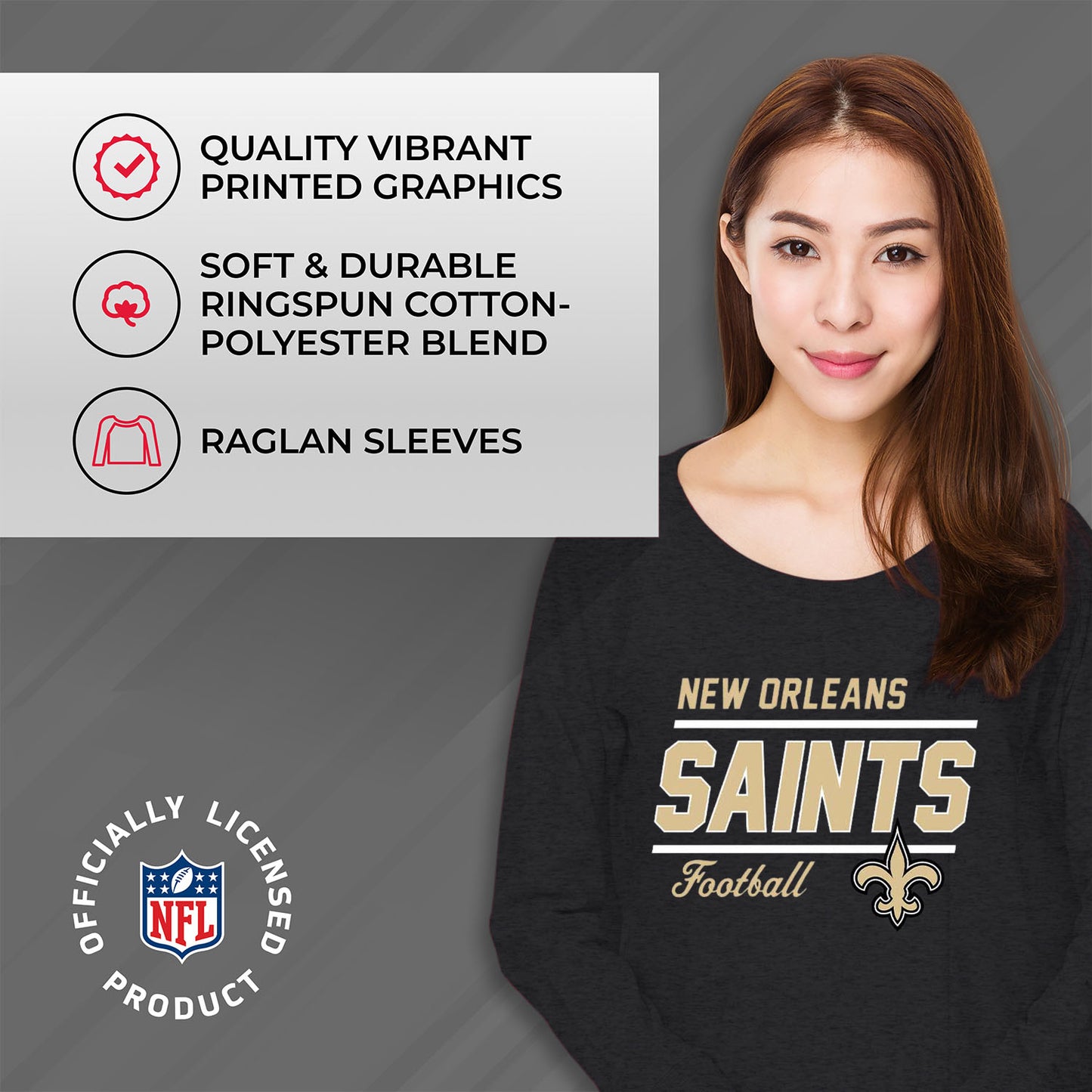 New Orleans Saints NFL Womens Crew Neck Light Weight - Charcoal