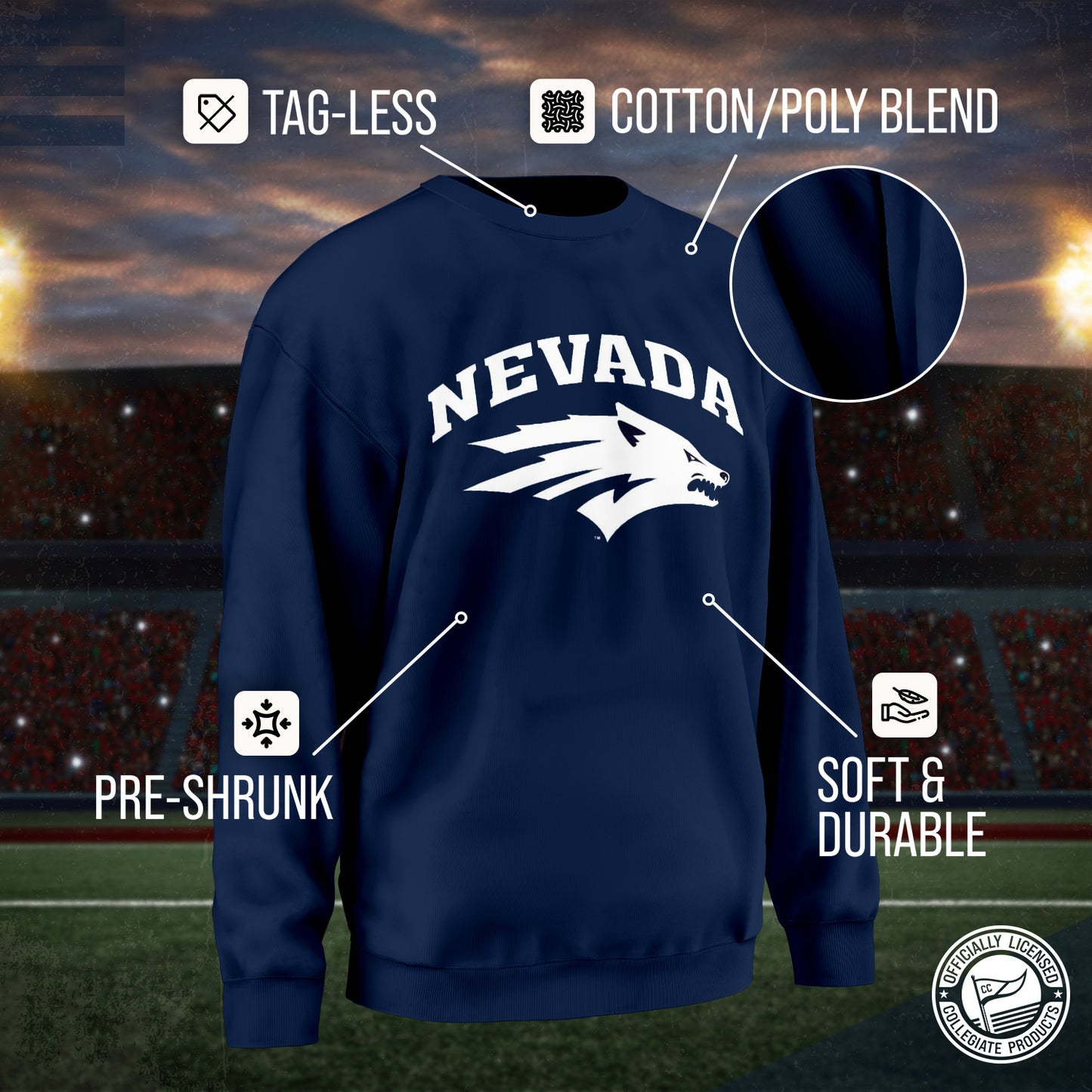 Nevada Wolf Pack Campus Colors Adult Arch & Logo Soft Style Gameday Crewneck Sweatshirt - Navy