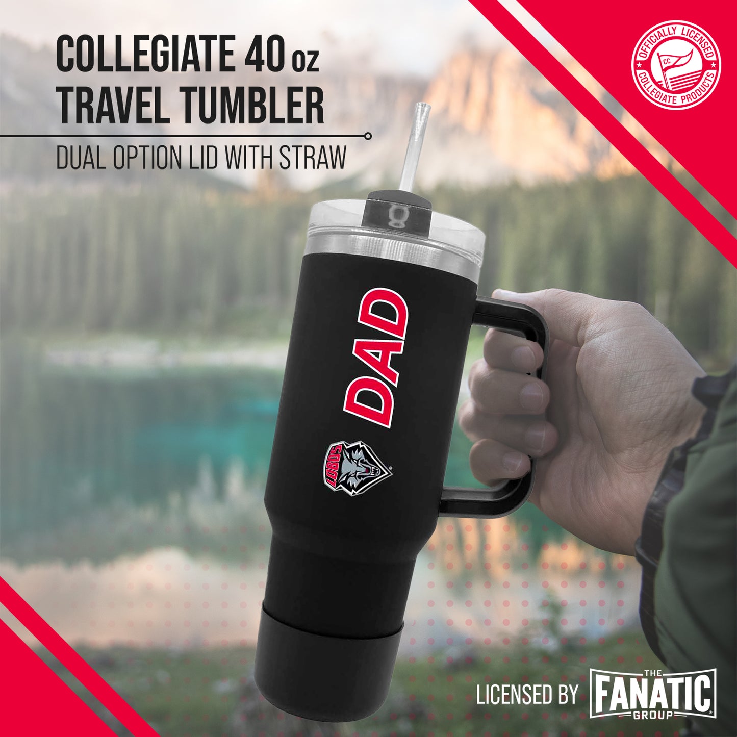 New Mexico Lobos Collegiate 40oz Stainless Steel Travel Tumbler with Handle for Dad - Black