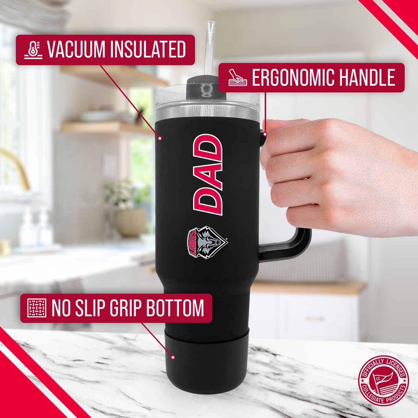 New Mexico Lobos Collegiate 40oz Stainless Steel Travel Tumbler with Handle for Dad - Black
