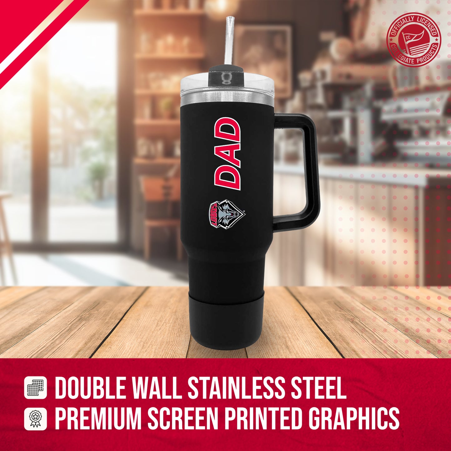 New Mexico Lobos Collegiate 40oz Stainless Steel Travel Tumbler with Handle for Dad - Black