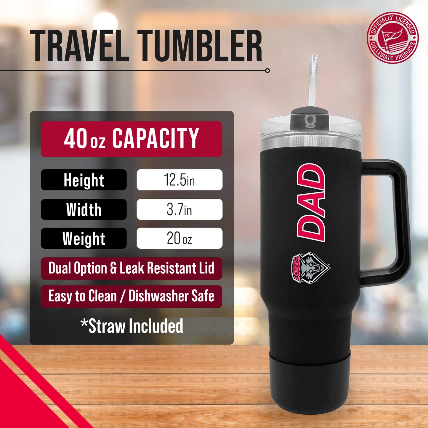 New Mexico Lobos Collegiate 40oz Stainless Steel Travel Tumbler with Handle for Dad - Black