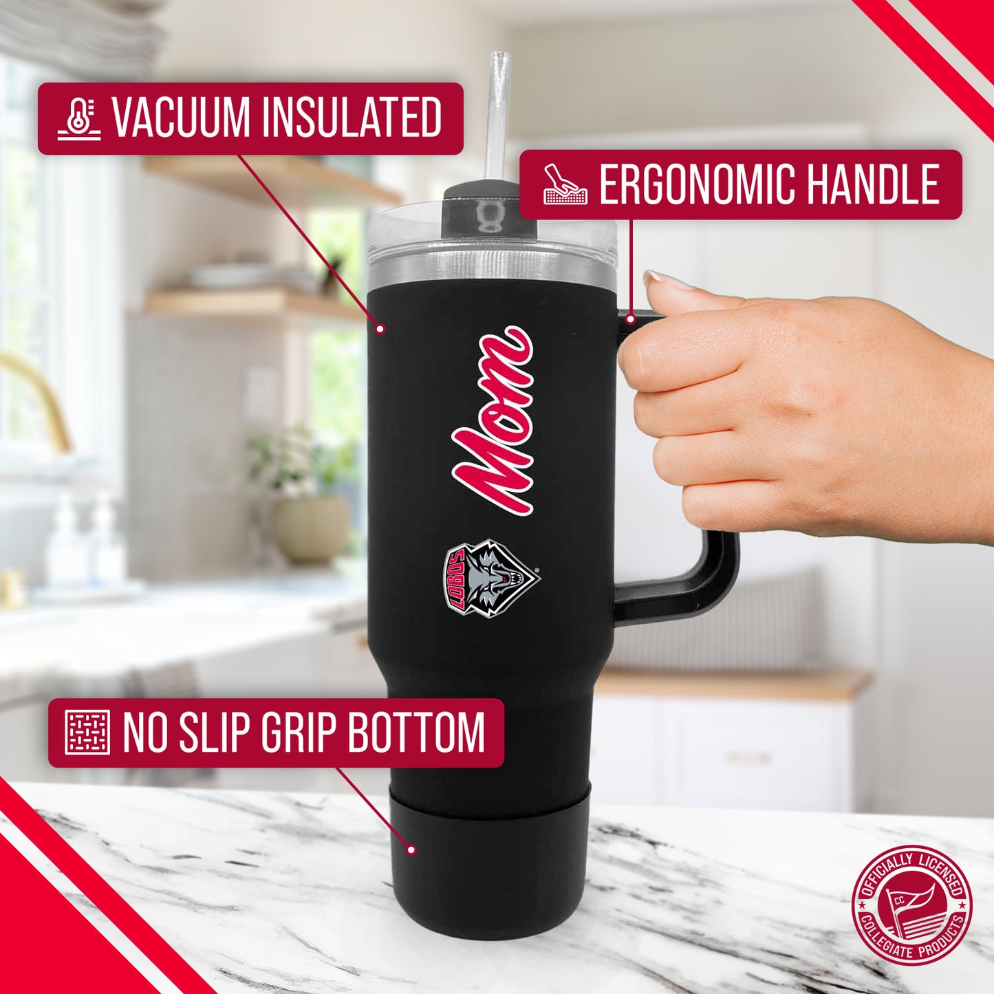 New Mexico Lobos Collegiate 40oz Stainless Steel Travel Tumbler with Handle for Mom - Black
