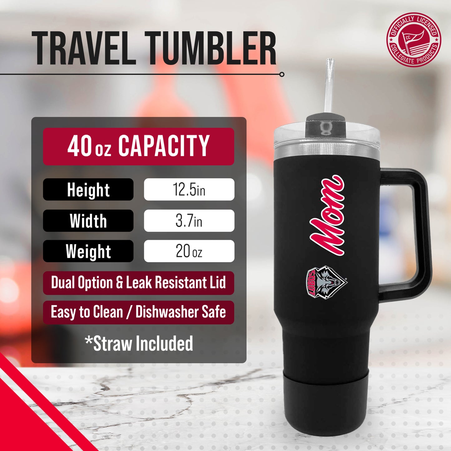 New Mexico Lobos Collegiate 40oz Stainless Steel Travel Tumbler with Handle for Mom - Black