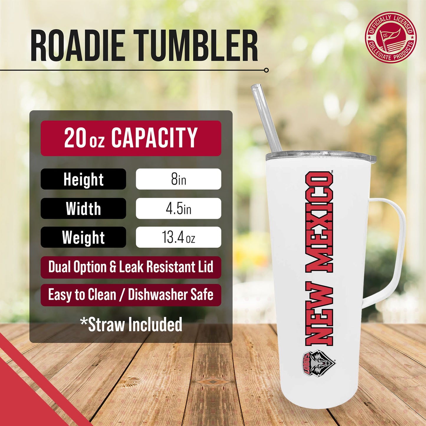 New Mexico Lobos NCAA Stainless Steel 20oz Roadie With Handle & Dual Option Lid With Straw - White