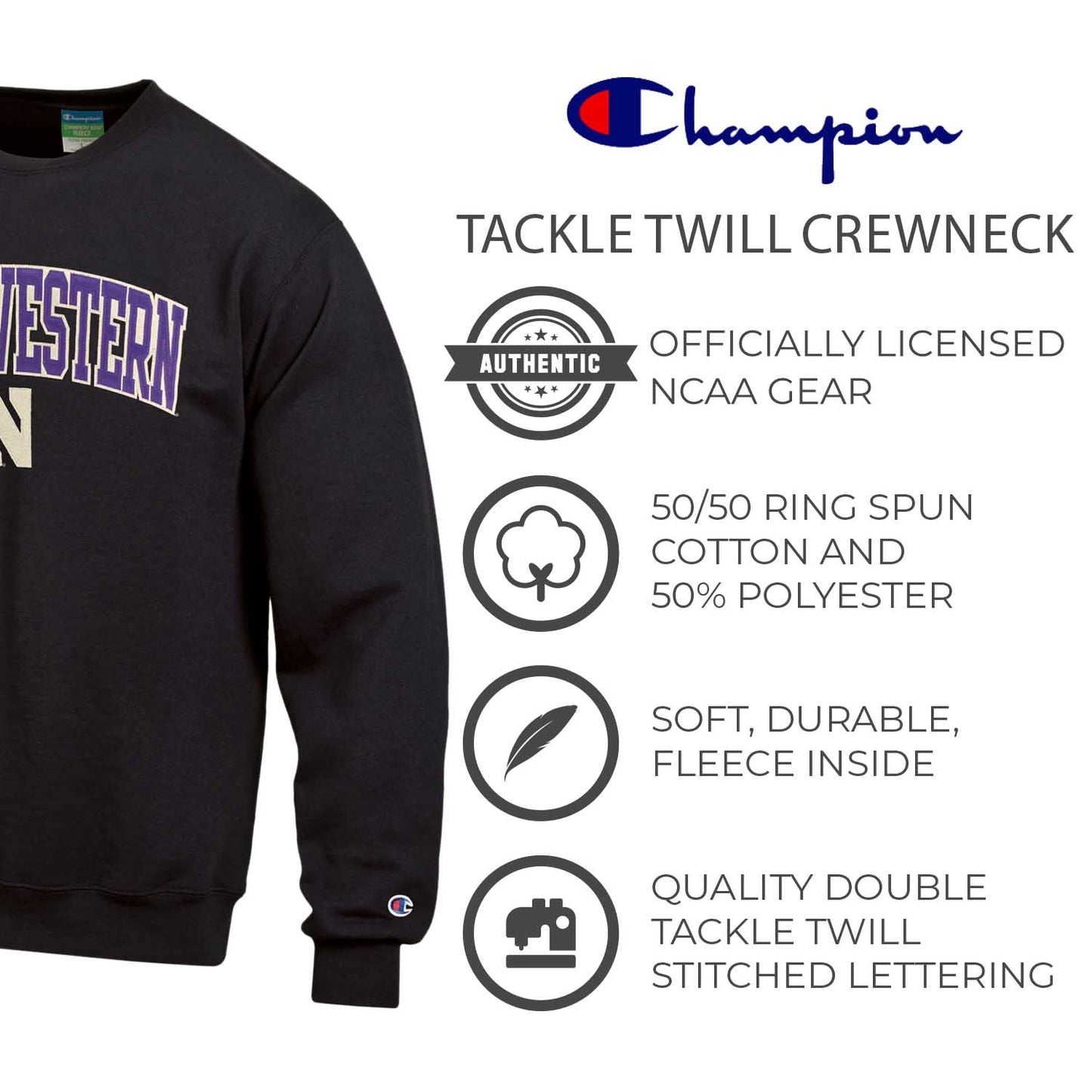 Northwestern Wildcats Adult Tackle Twill Crewneck - Black
