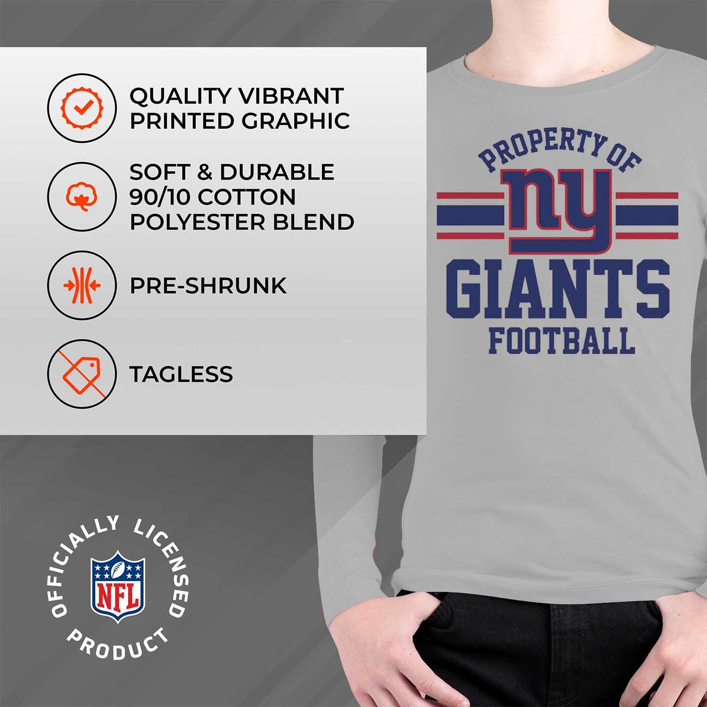 New York Giants NFL Youth Property Of Long Sleeve Lightweight T Shirt - Sport Gray