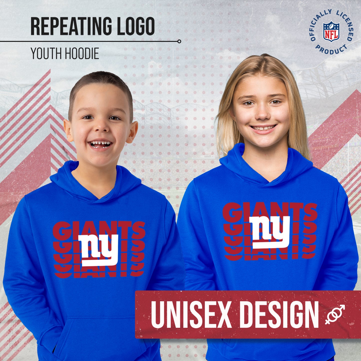 New York Giants NFL Youth Repeating Logo Football Fleece Hooded Sweatshirt - Royal