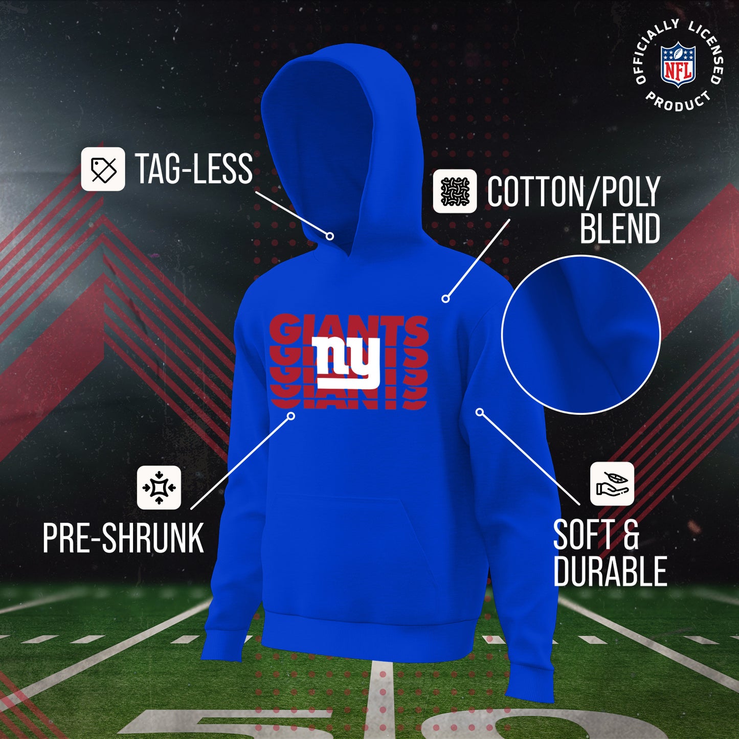 New York Giants NFL Youth Repeating Logo Football Fleece Hooded Sweatshirt - Royal