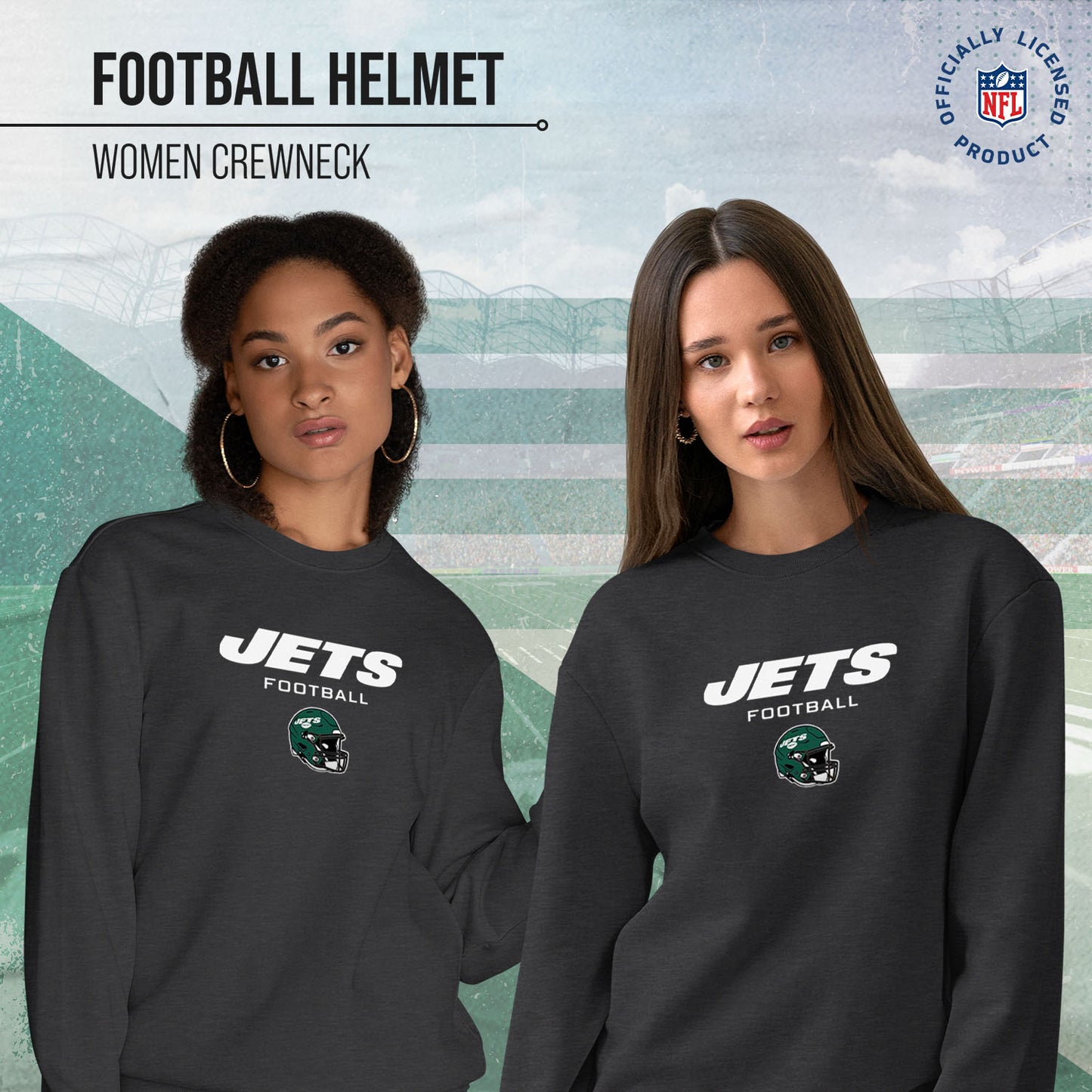 New York Jets Women's NFL Football Helmet Charcoal Slouchy Crewneck -Tagless Lightweight Pullover - Charcoal