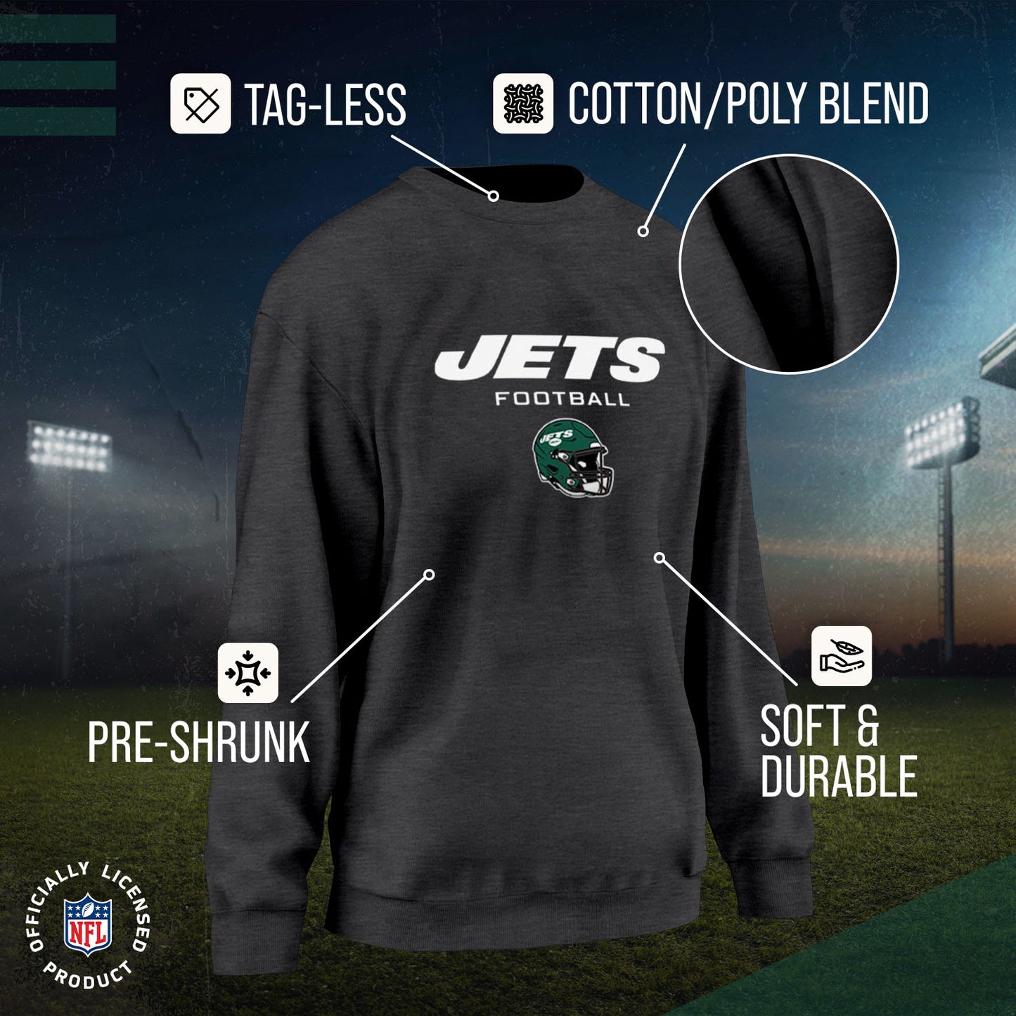 New York Jets Women's NFL Football Helmet Charcoal Slouchy Crewneck -Tagless Lightweight Pullover - Charcoal