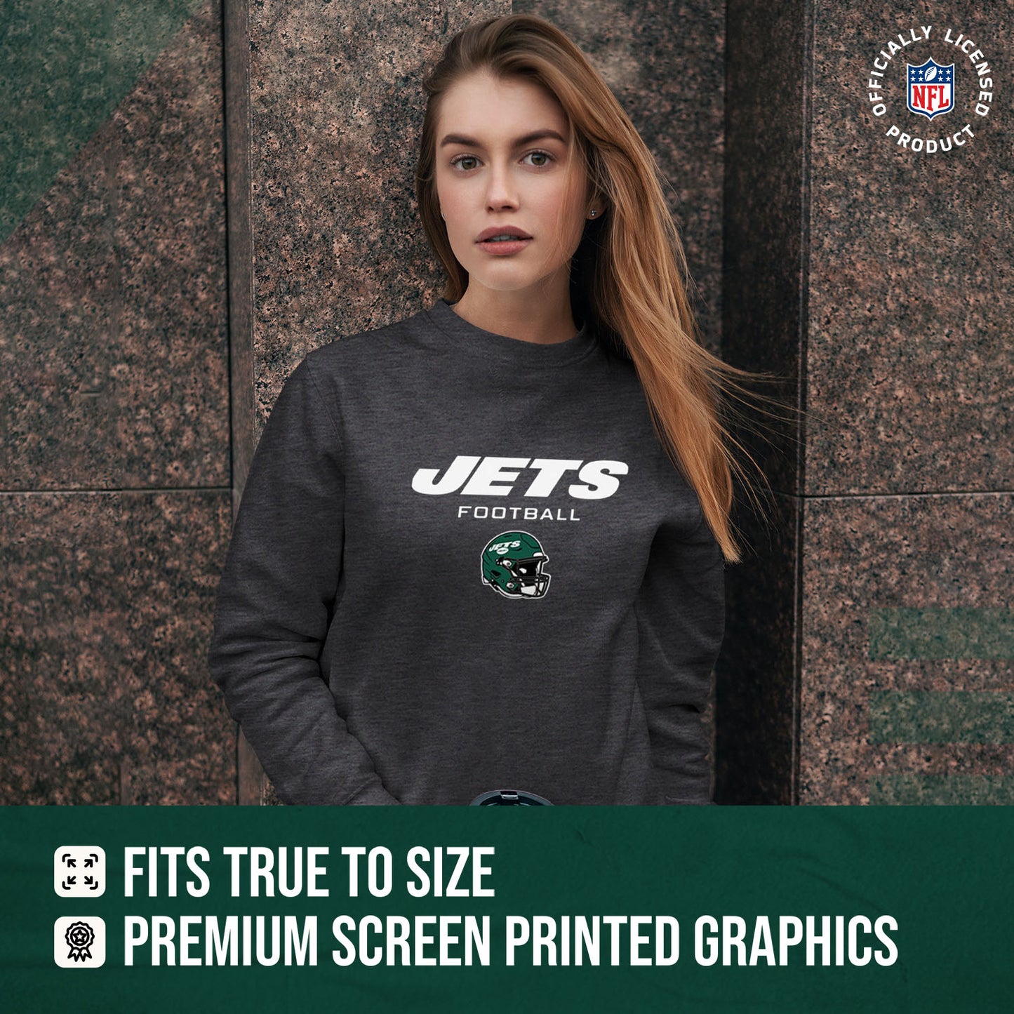 New York Jets Women's NFL Football Helmet Charcoal Slouchy Crewneck -Tagless Lightweight Pullover - Charcoal