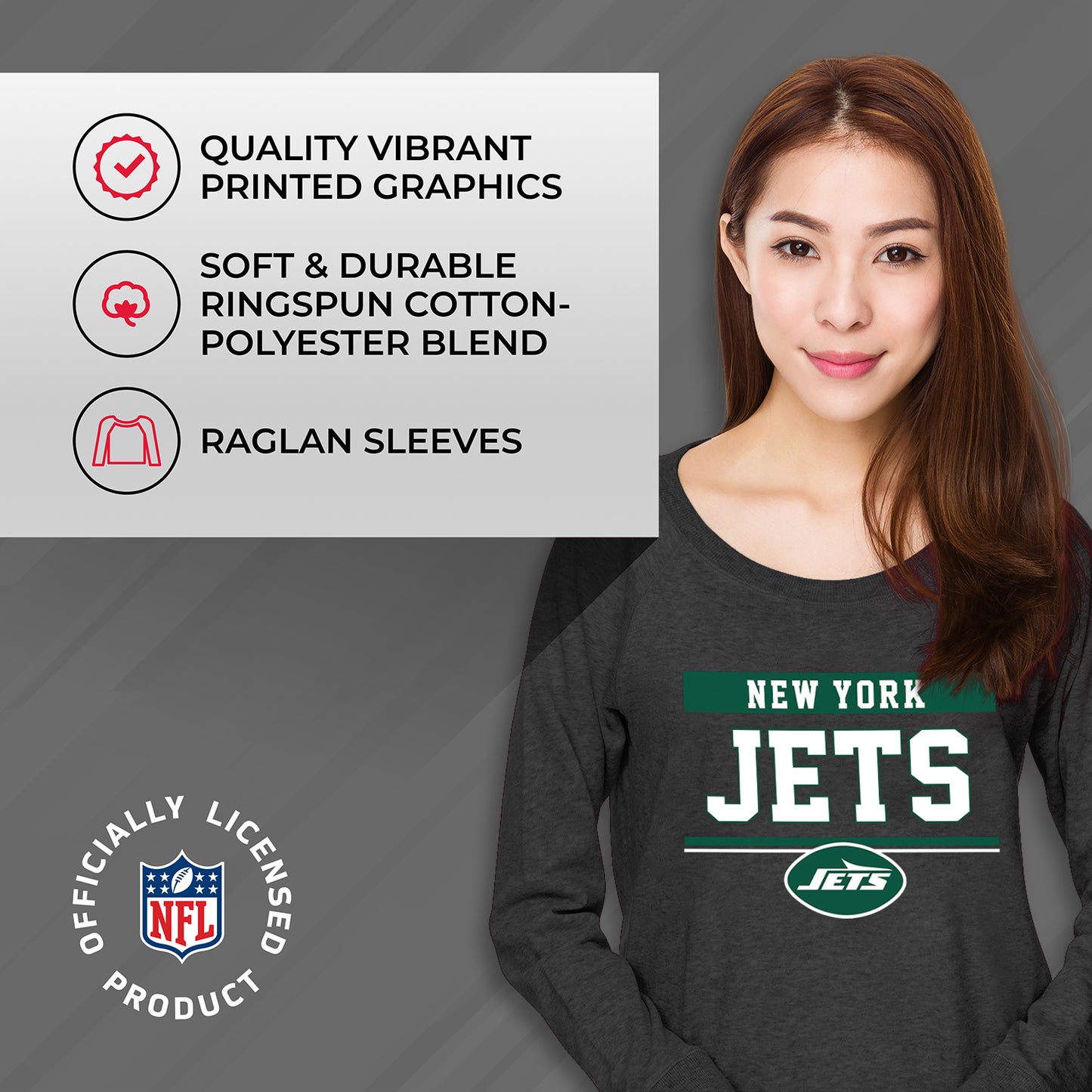 New York Jets NFL Womens Charcoal Crew Neck Football Apparel - Charcoal