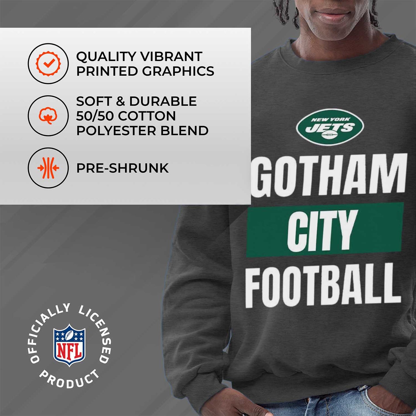 New York Jets NFL Adult Slogan Crewneck Sweatshirt - Gray