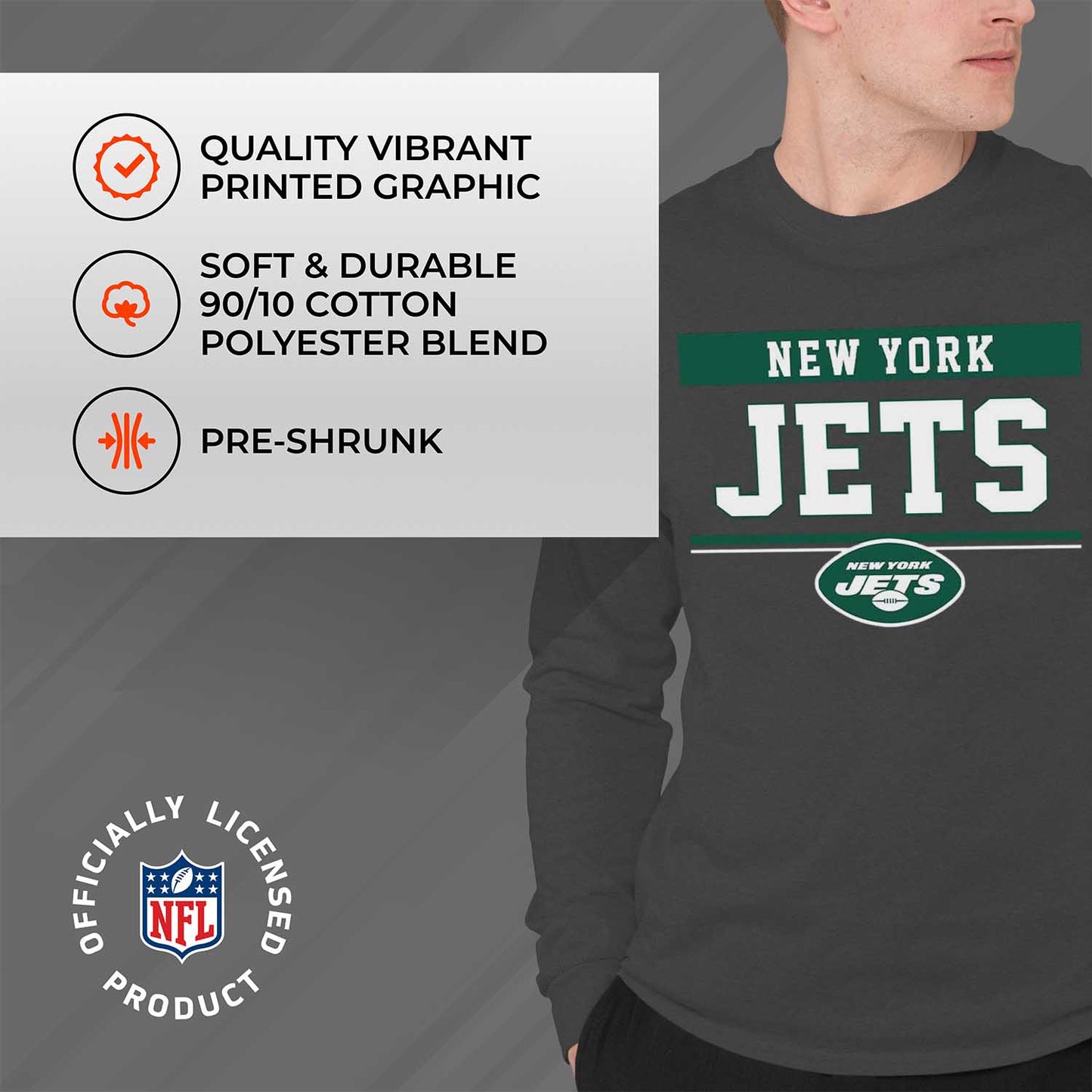New York Jets NFL Adult Charcoal Long Sleeve T Shirt - Charcoal