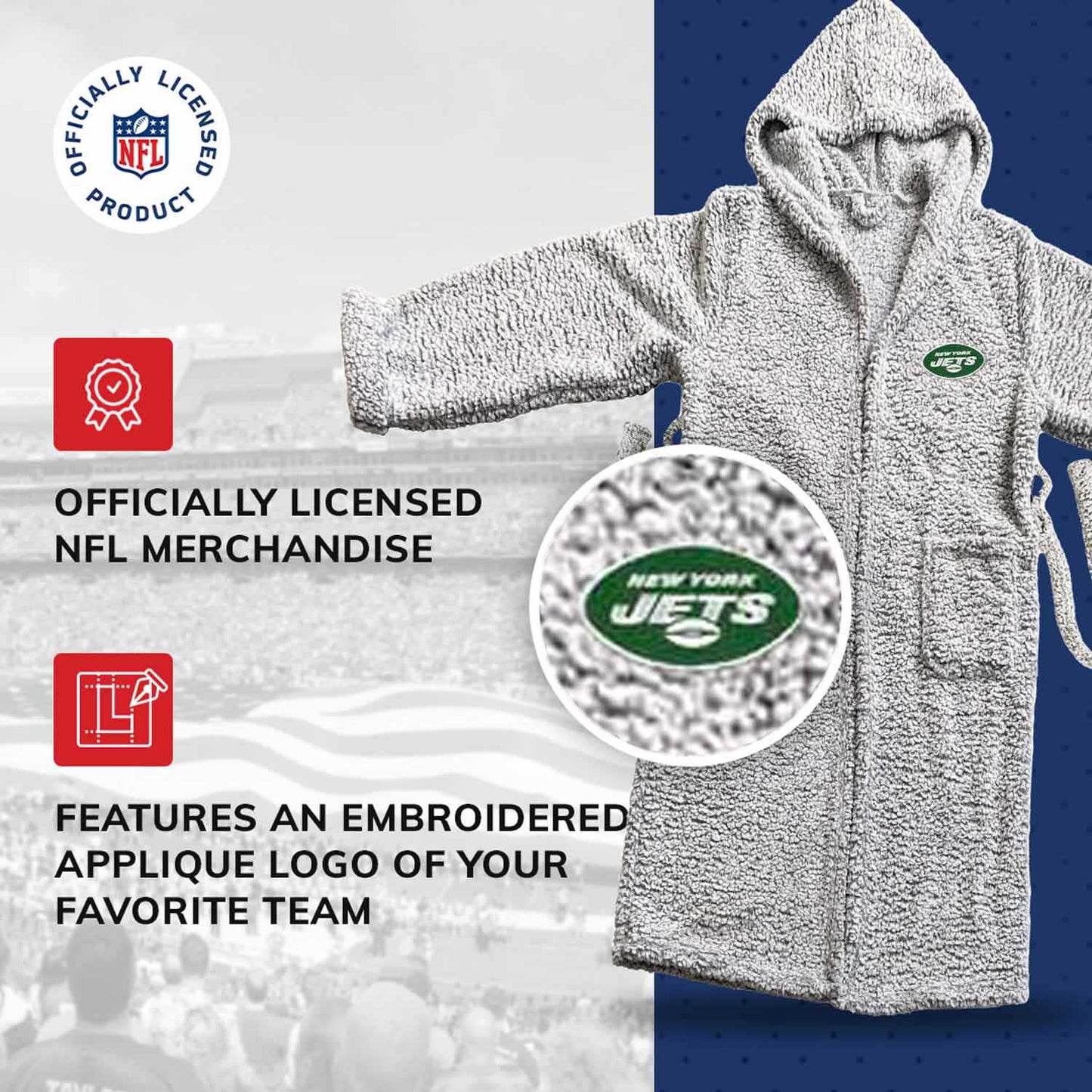 New York Jets NFL Plush Hooded Robe with Pockets - Gray