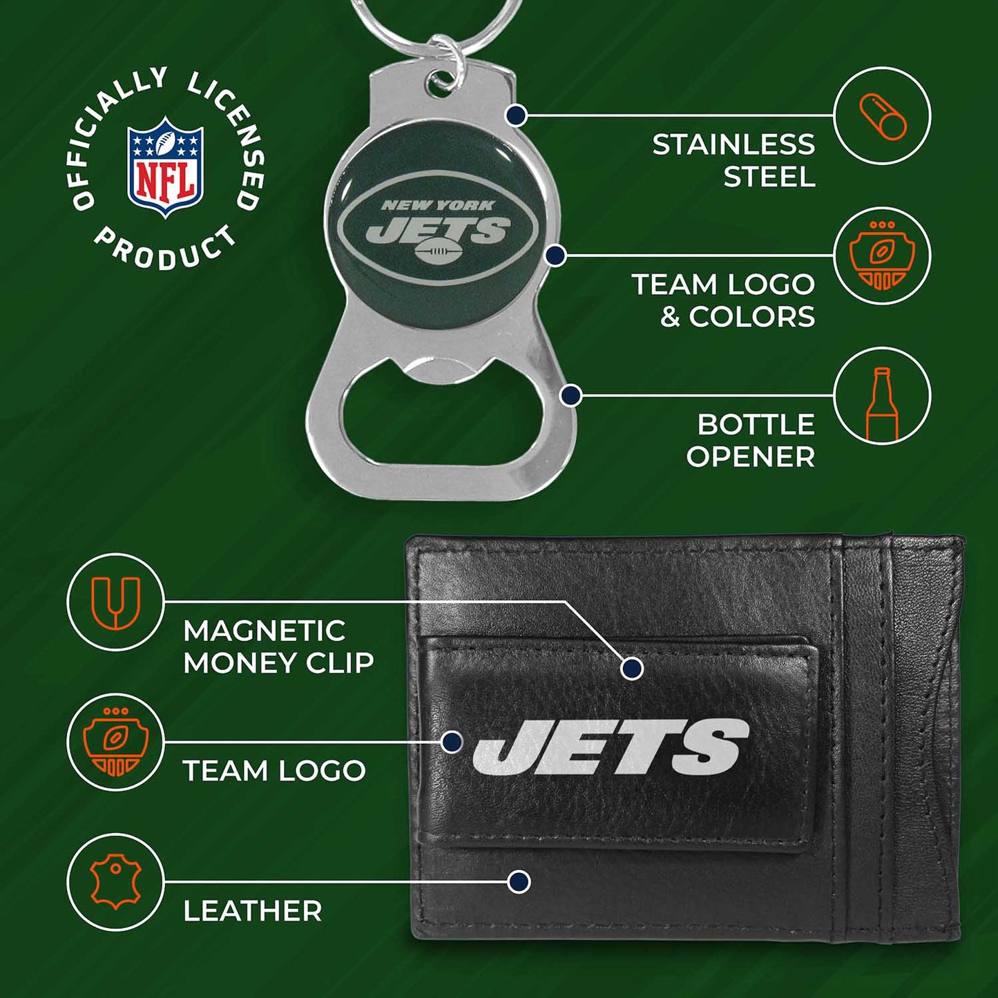 New York Jets NFL Bottle Opener Keychain Bundle - Black