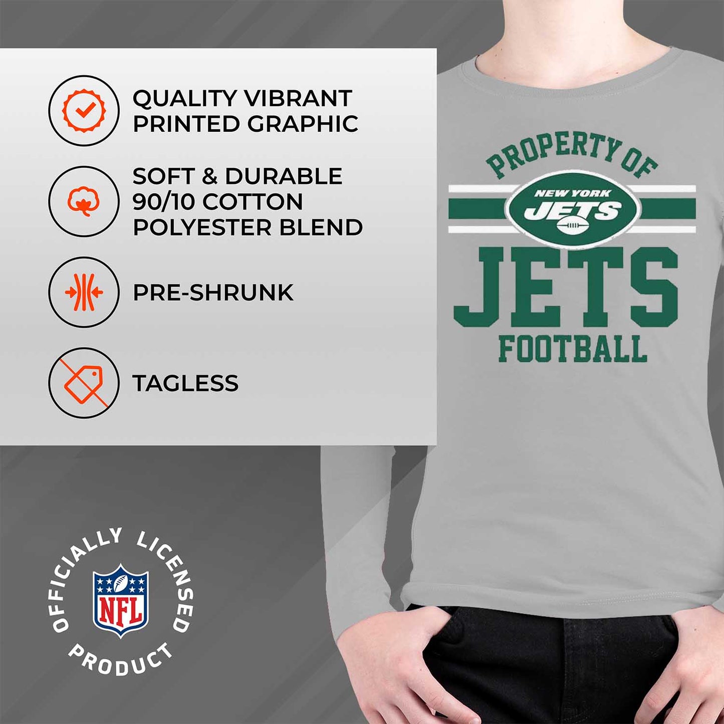New York Jets NFL Youth Property Of Long Sleeve Lightweight T Shirt - Sport Gray