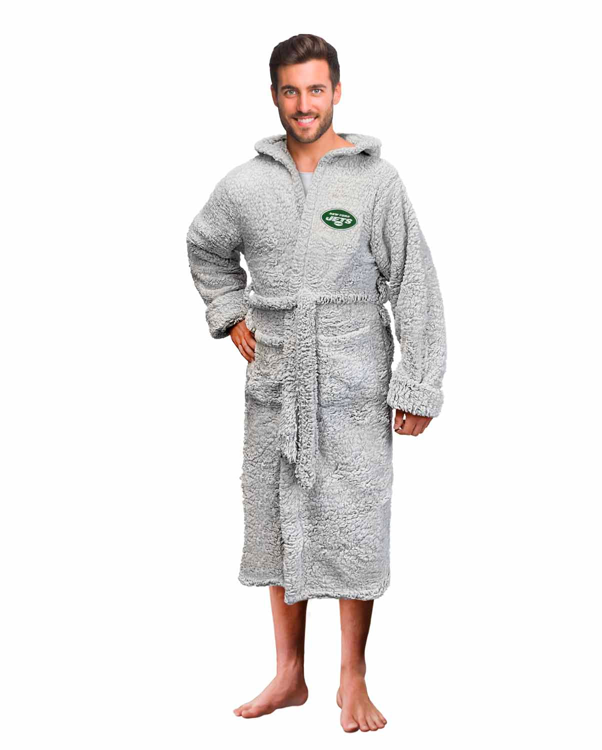 New York Jets NFL Plush Hooded Robe with Pockets - Gray