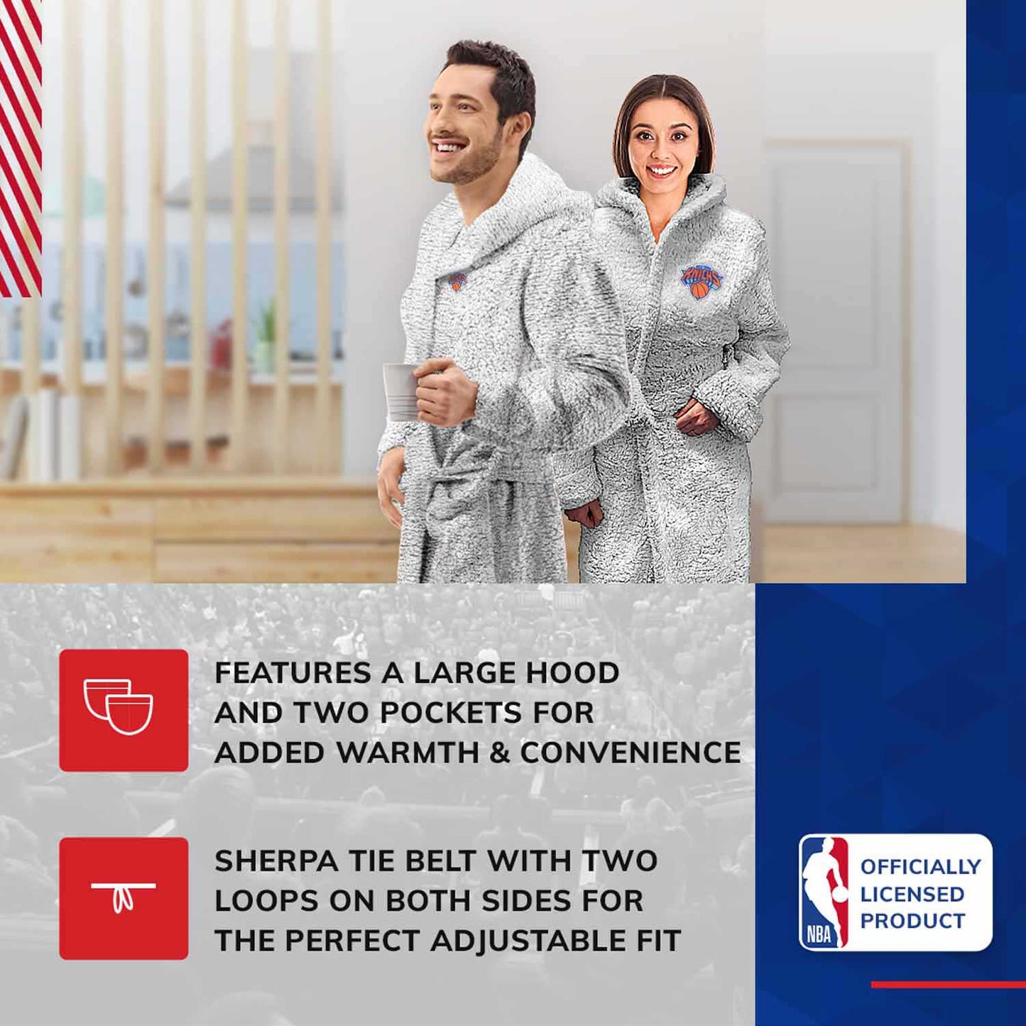 New York Knicks NBA Adult Plush Hooded Robe with Pockets - Gray