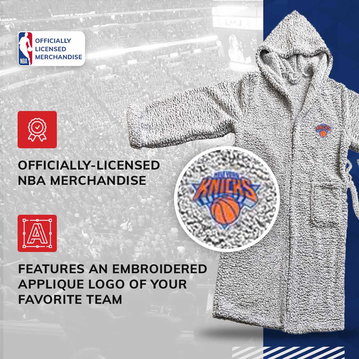 New York Knicks NBA Adult Plush Hooded Robe with Pockets - Gray