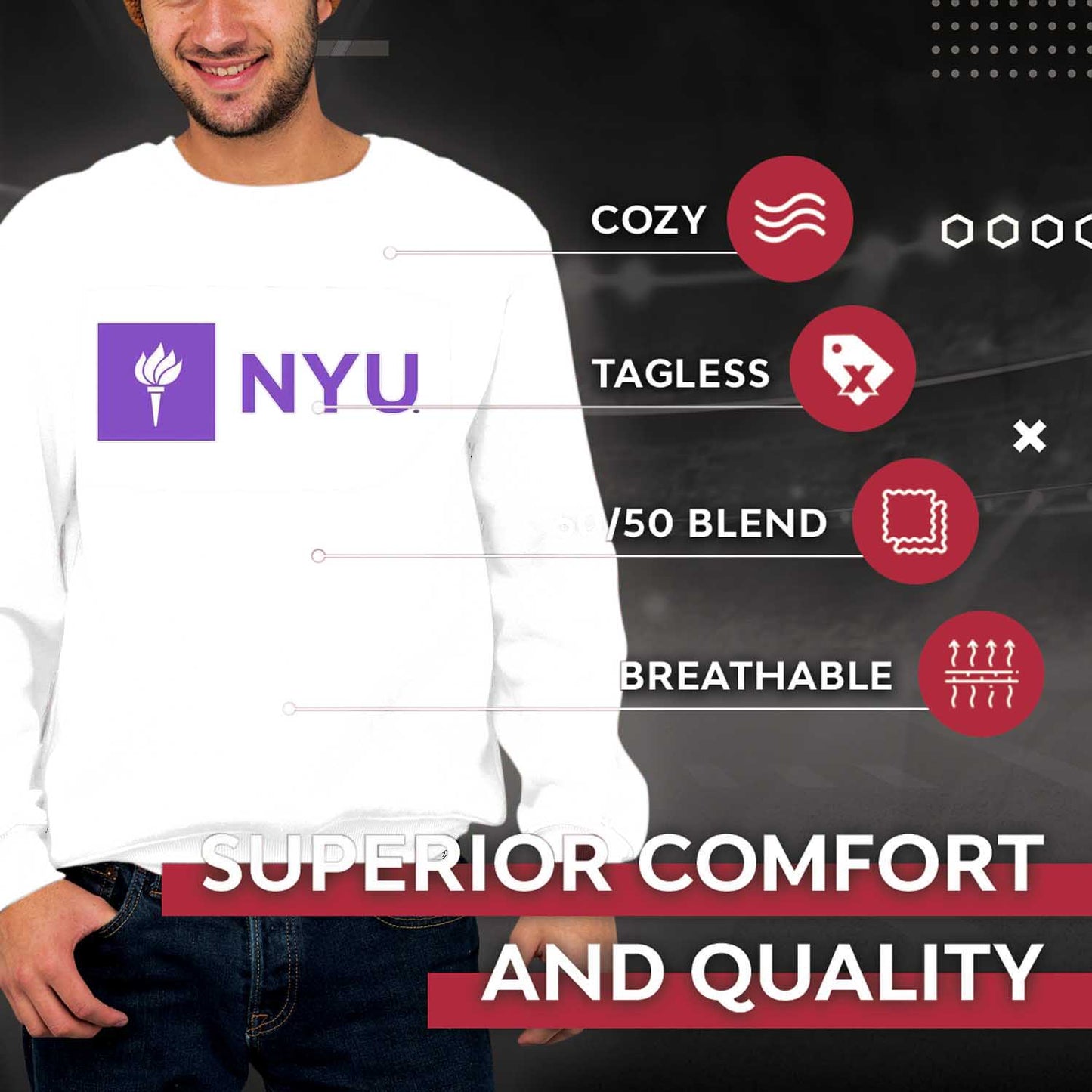 NYU Violets Adult Arch & Logo Soft Style Gameday Crewneck Sweatshirt - White