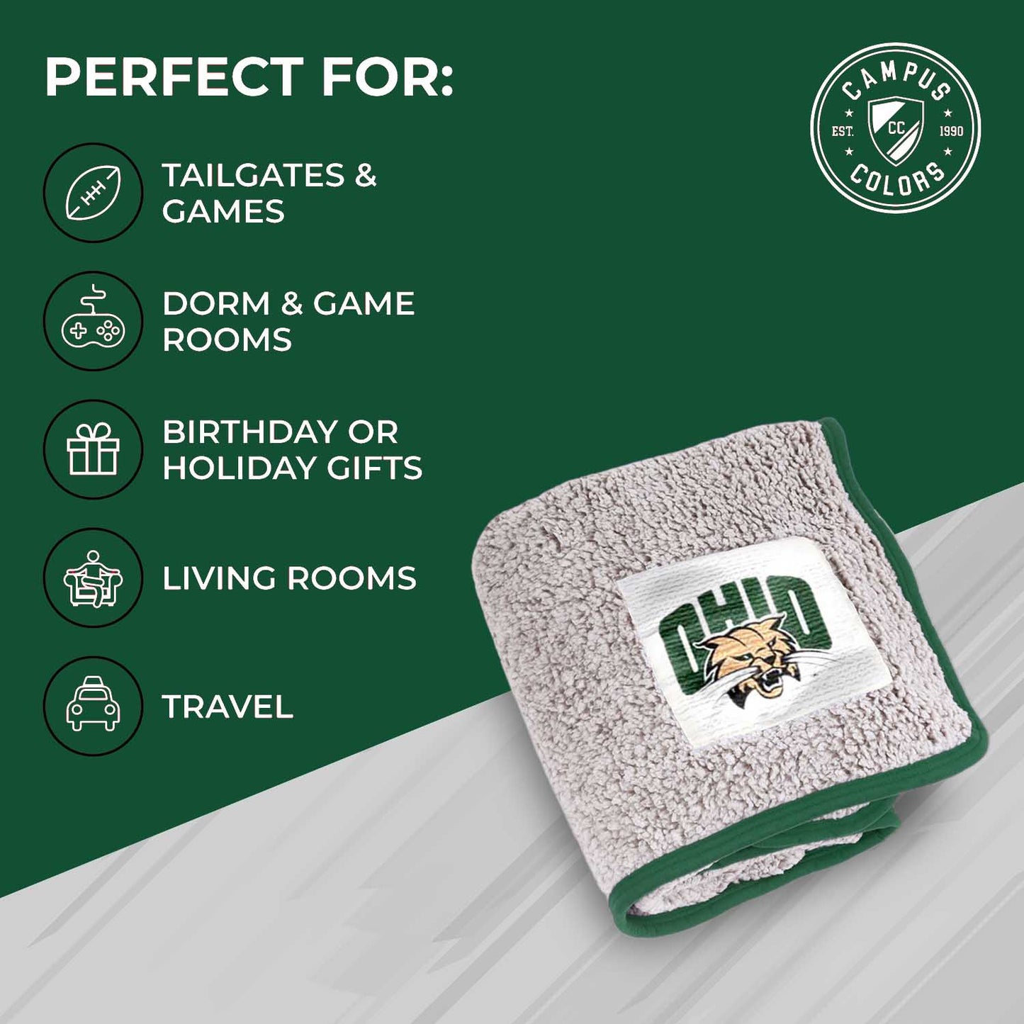 Ohio Bobcats NCAA Silk Sherpa College Throw Blanket - Green