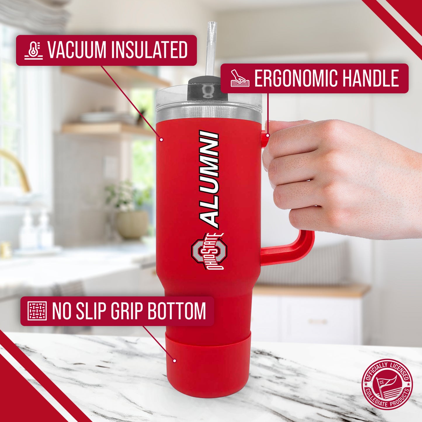 Ohio State Buckeyes Collegiate 40oz Stainless Steel Travel Tumbler with Handle for Alumni - Red