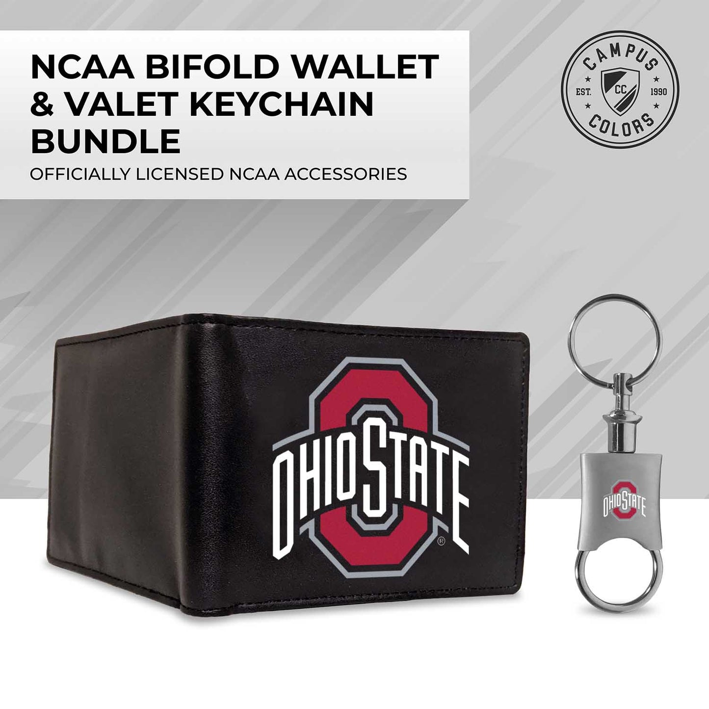 Ohio State Buckeyes University Team Logo Mens Bi Fold Wallet and Unisex Valet Keychain Bundle - Black