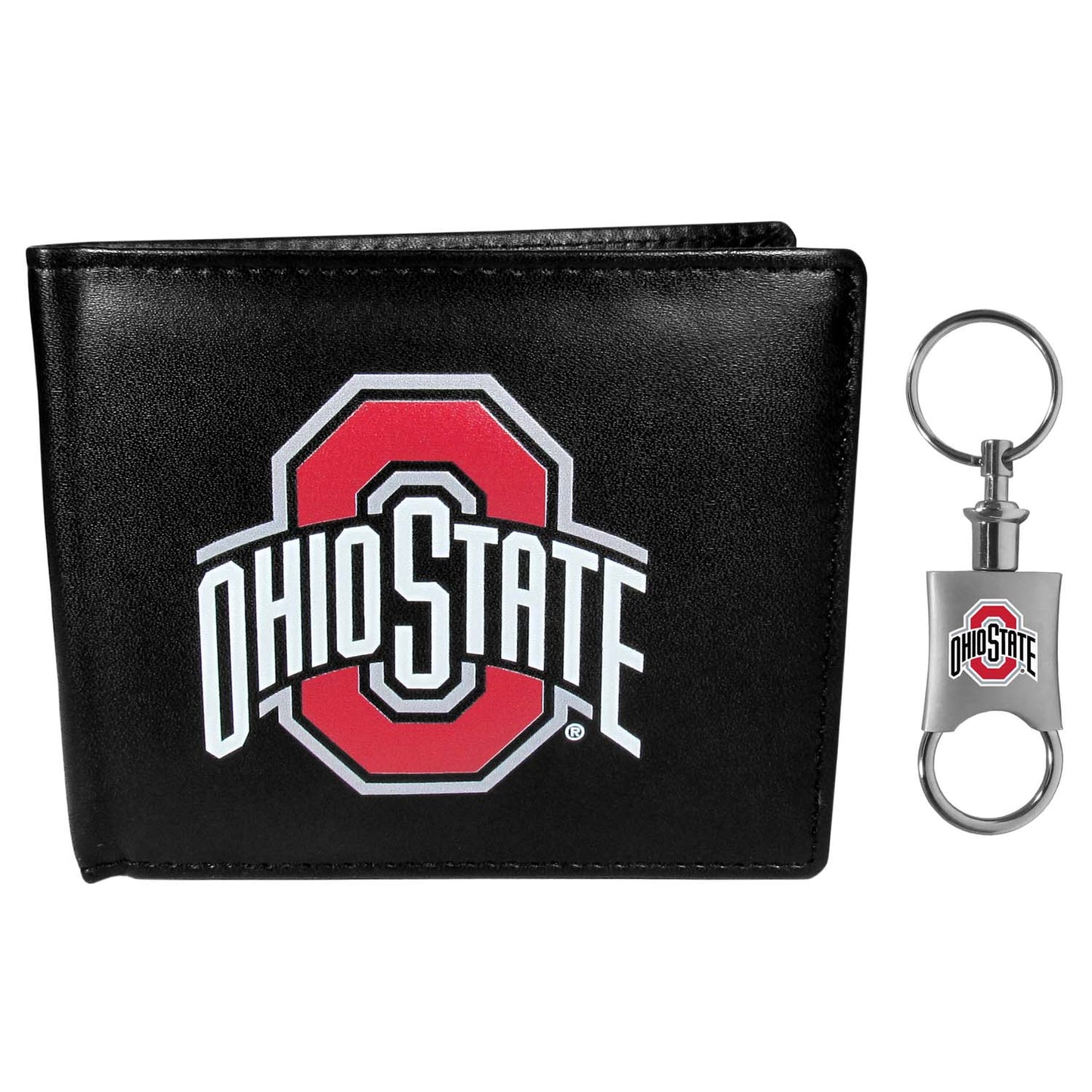 Ohio State Buckeyes University Team Logo Mens Bi Fold Wallet and Unisex Valet Keychain Bundle - Black