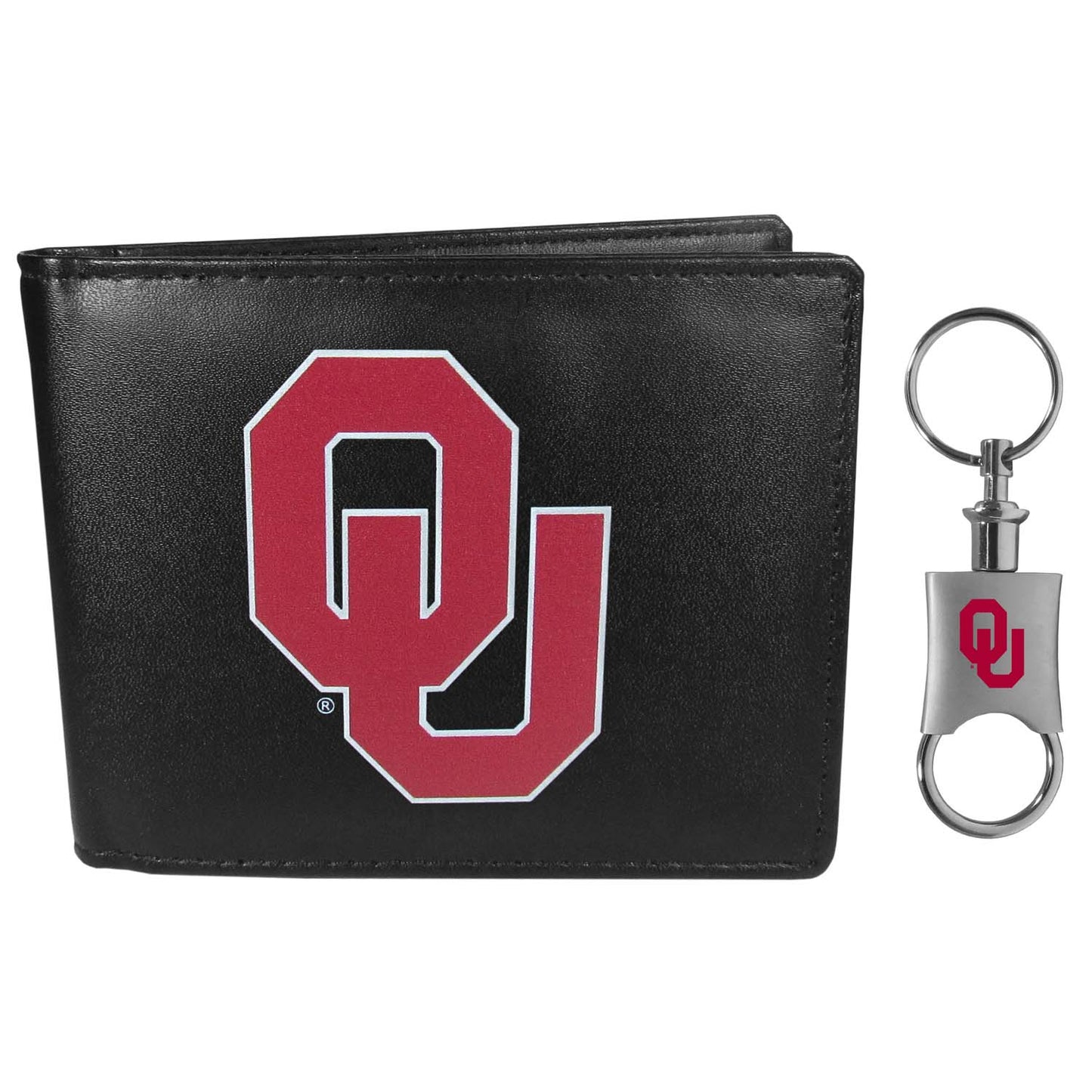 Oklahoma Sooners University Team Logo Mens Bi Fold Wallet and Unisex Valet Keychain Bundle - Black
