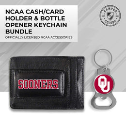 Oklahoma Sooners School Logo Leather Card/Cash Holder and Bottle Opener Keychain Bundle - Black