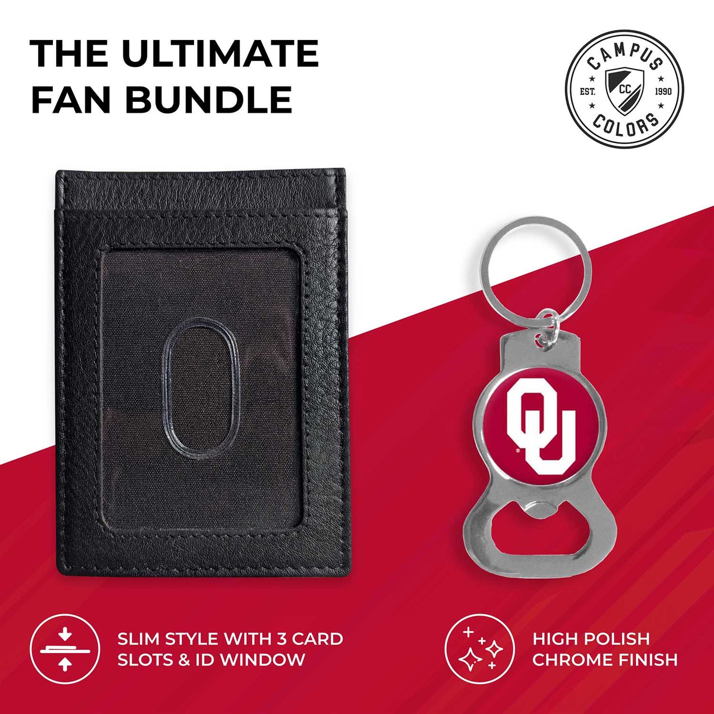 Oklahoma Sooners School Logo Leather Card/Cash Holder and Bottle Opener Keychain Bundle - Black