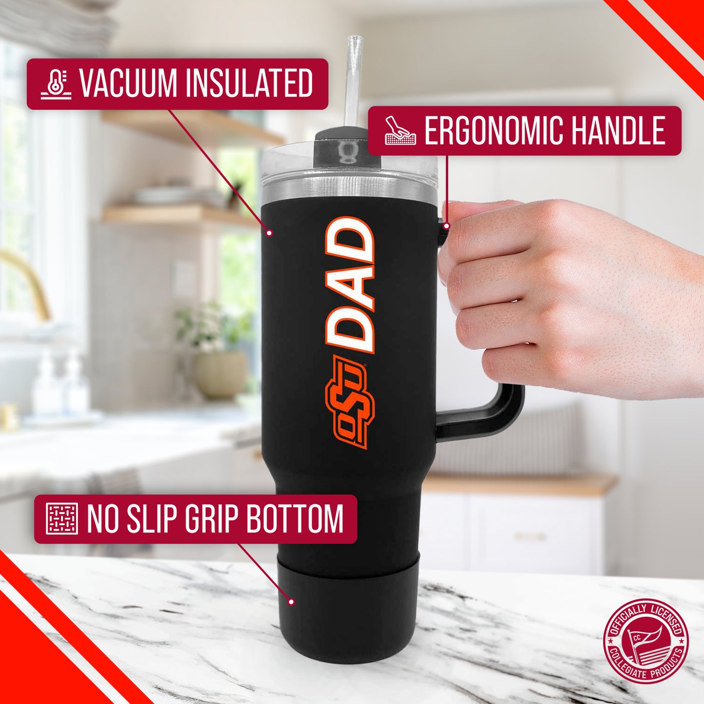 Oklahoma State Cowboys Collegiate 40oz Stainless Steel Travel Tumbler with Handle for Dad - Black