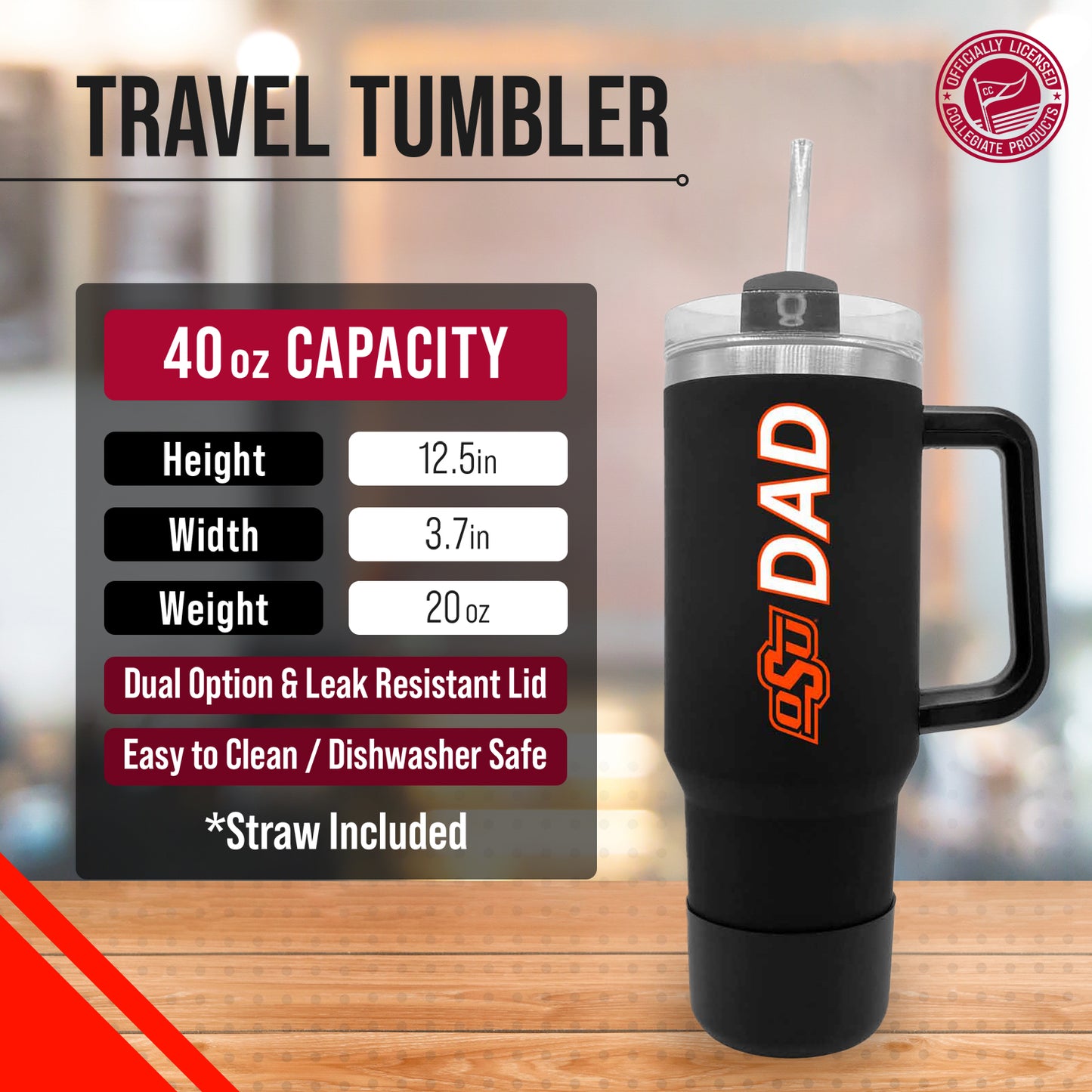 Oklahoma State Cowboys Collegiate 40oz Stainless Steel Travel Tumbler with Handle for Dad - Black
